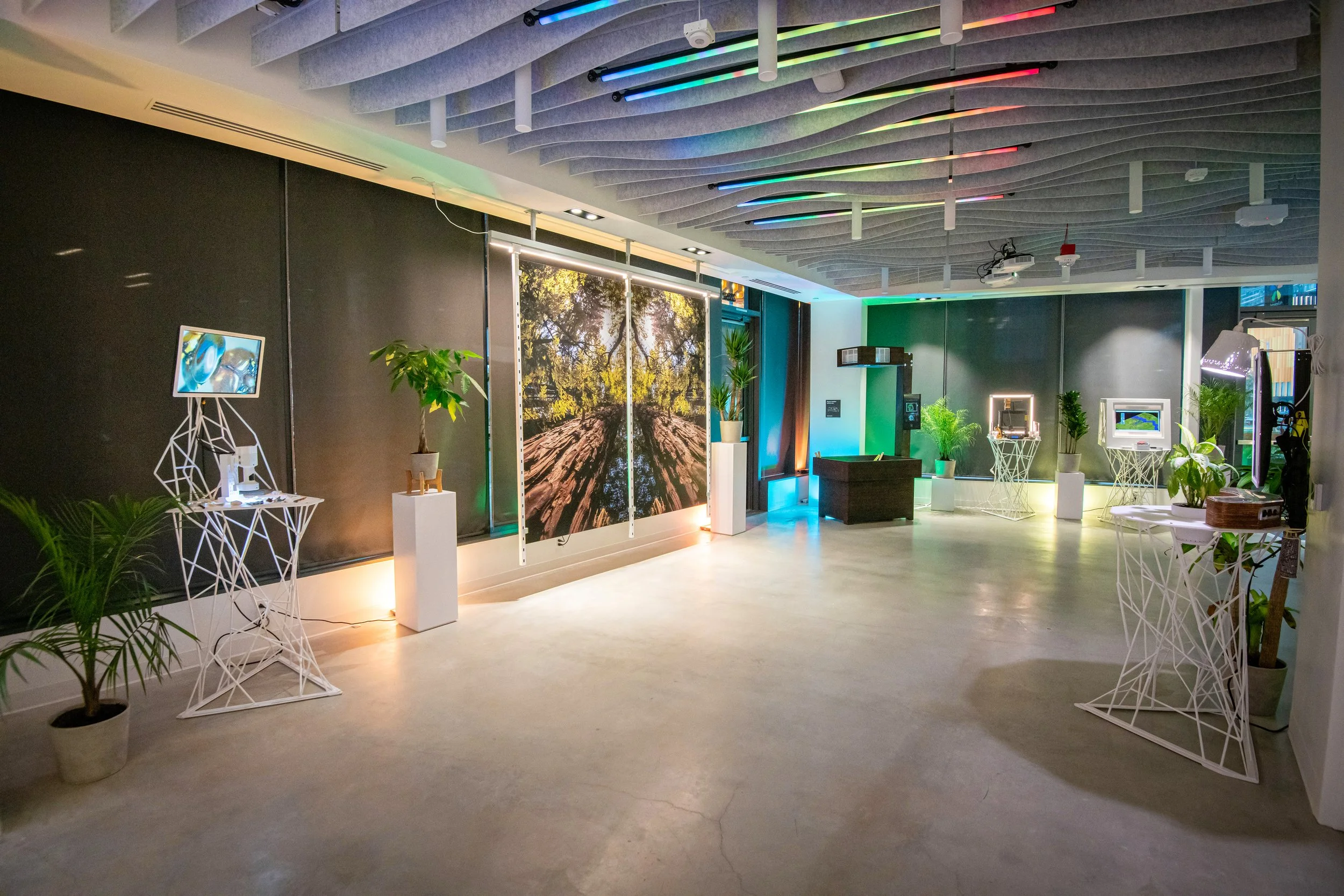 Interactive gallery installation with color changing ceiling tubes, plant pedestals, and lit screen displays