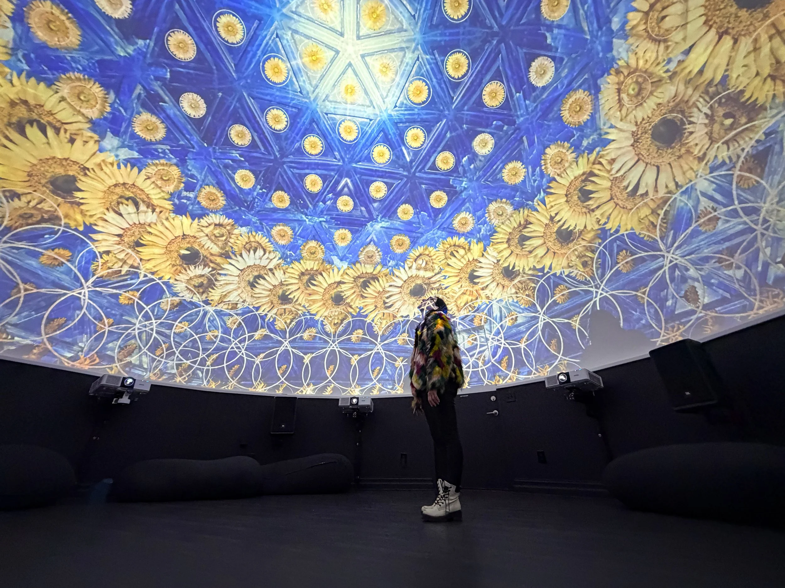 The Chromadome in Winston-Salem, North Carolina, with a guest beneath sunflowers projected across the domed ceiling.