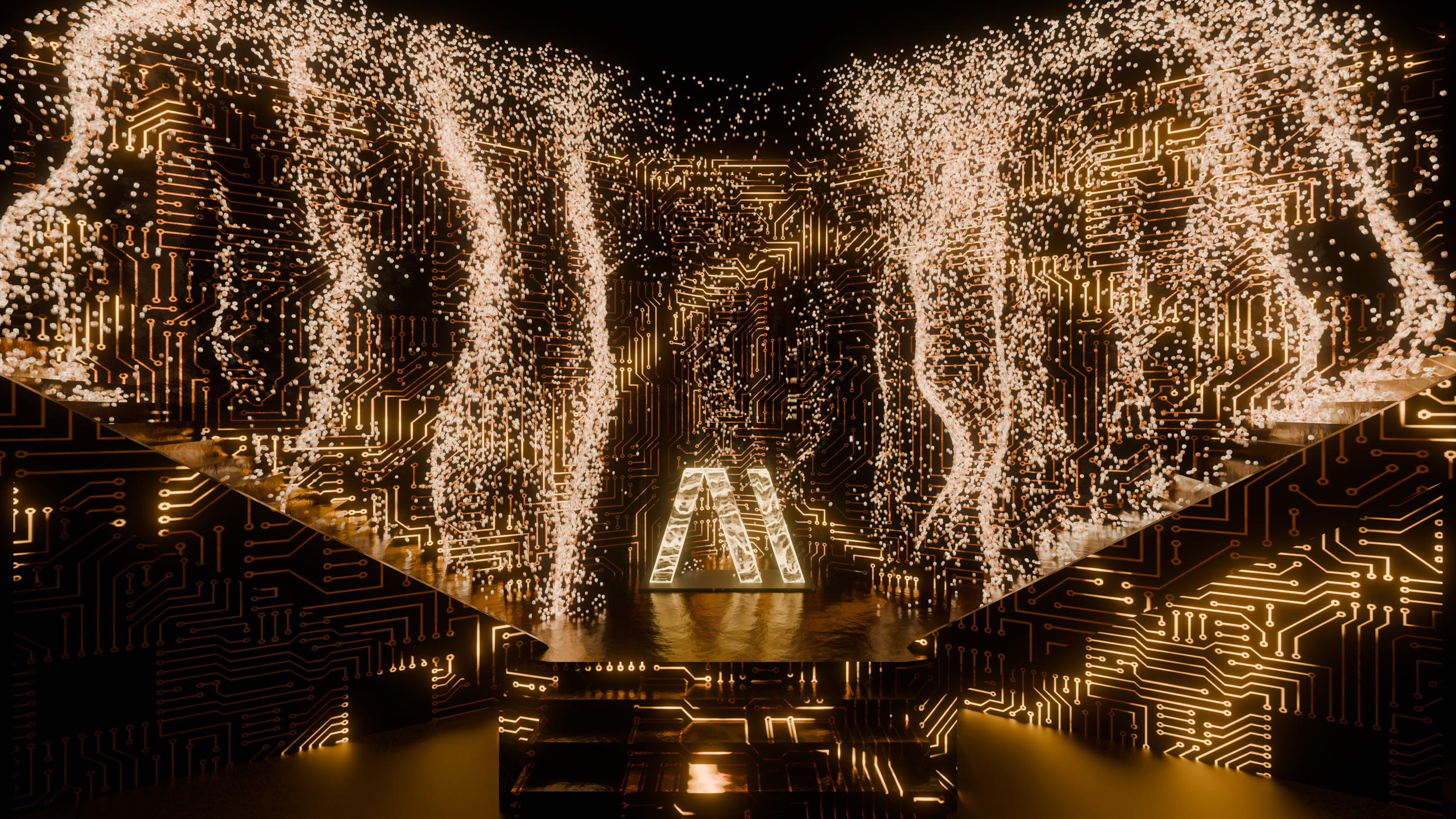 Custom visuals for Abnormal AI After Dark showing gold circuit board walls and particle columns rising above the logo.