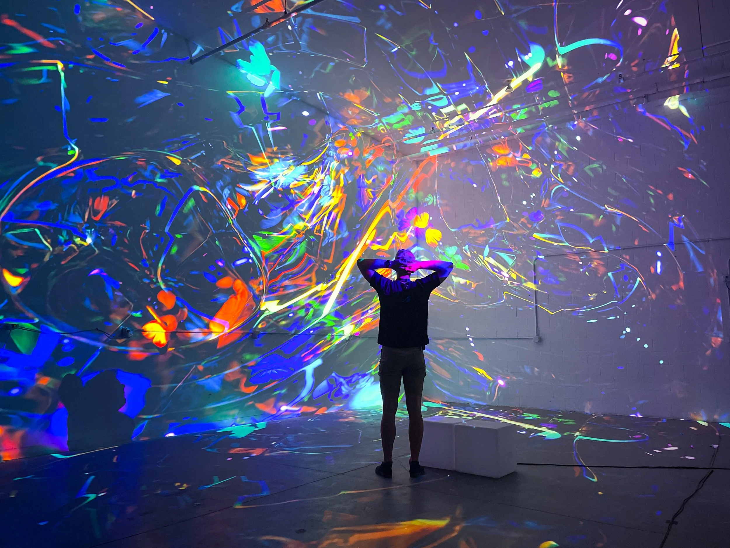In studio immersive projection room by NOVA Light Labs, lone guest enveloped in swirling color, arms raised.