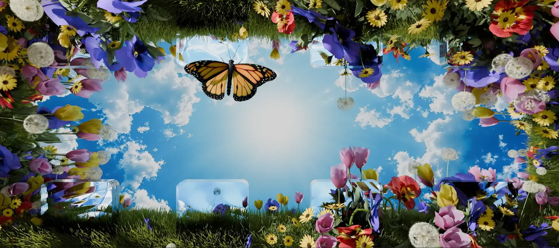 Projection dining by NOVA Light Labs, monarch butterfly over blue sky framed by tulips and daisies.