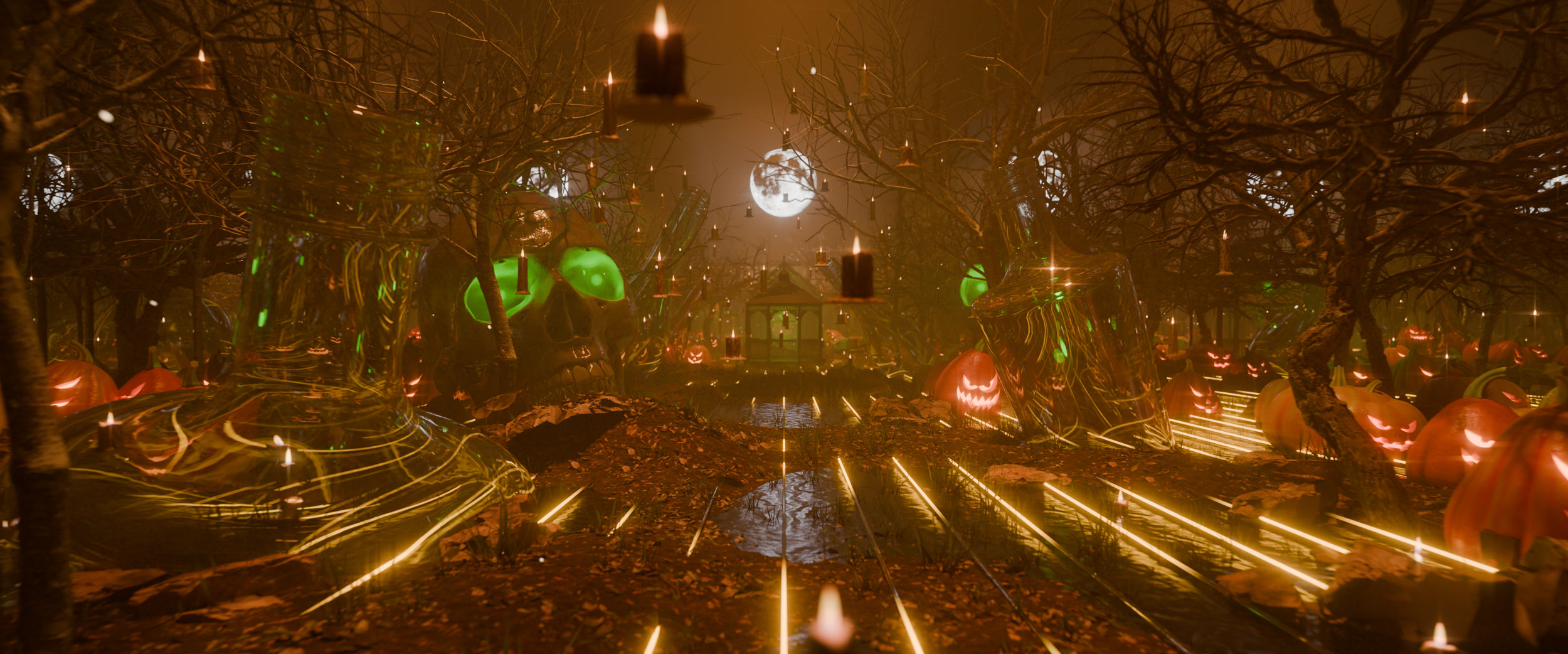 Wide fall landscape at Idle Hands Phoenix, bare trees and floating candles under a full moon above a leaf covered floor