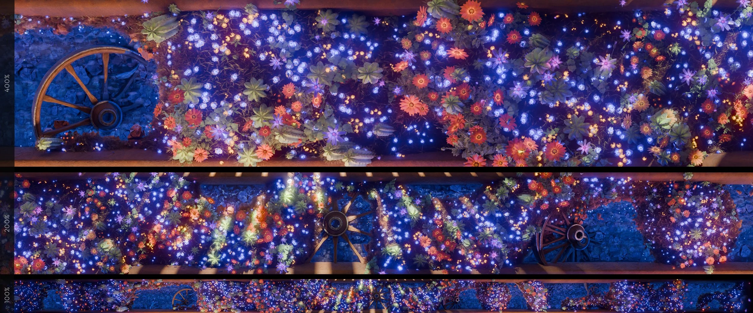Desert wildflower projection content with wagon wheels and fireflies, shown at 3 drape zoom scales.