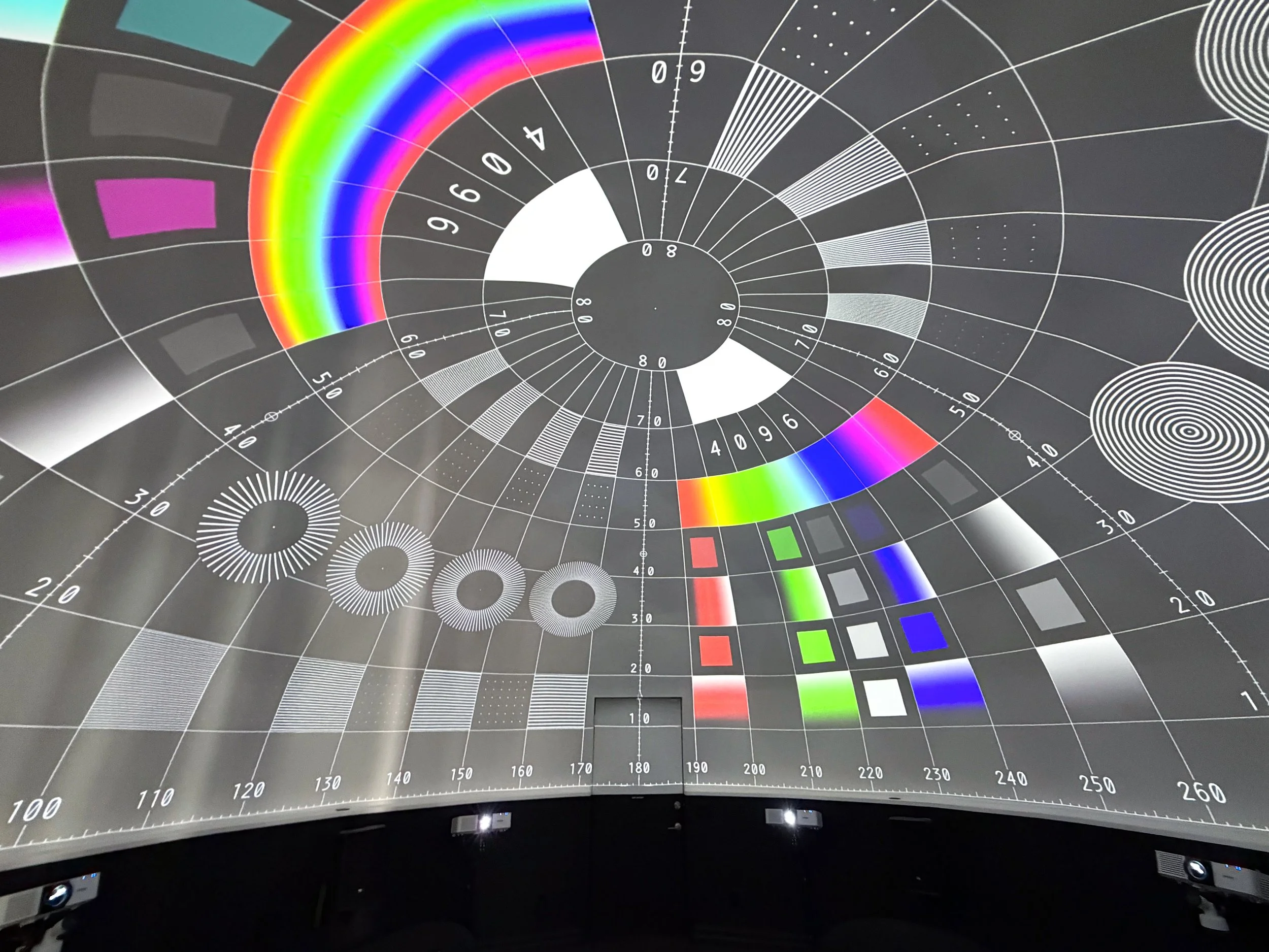 Dome projection mapping calibration chart across the full ceiling during warp and blend alignment