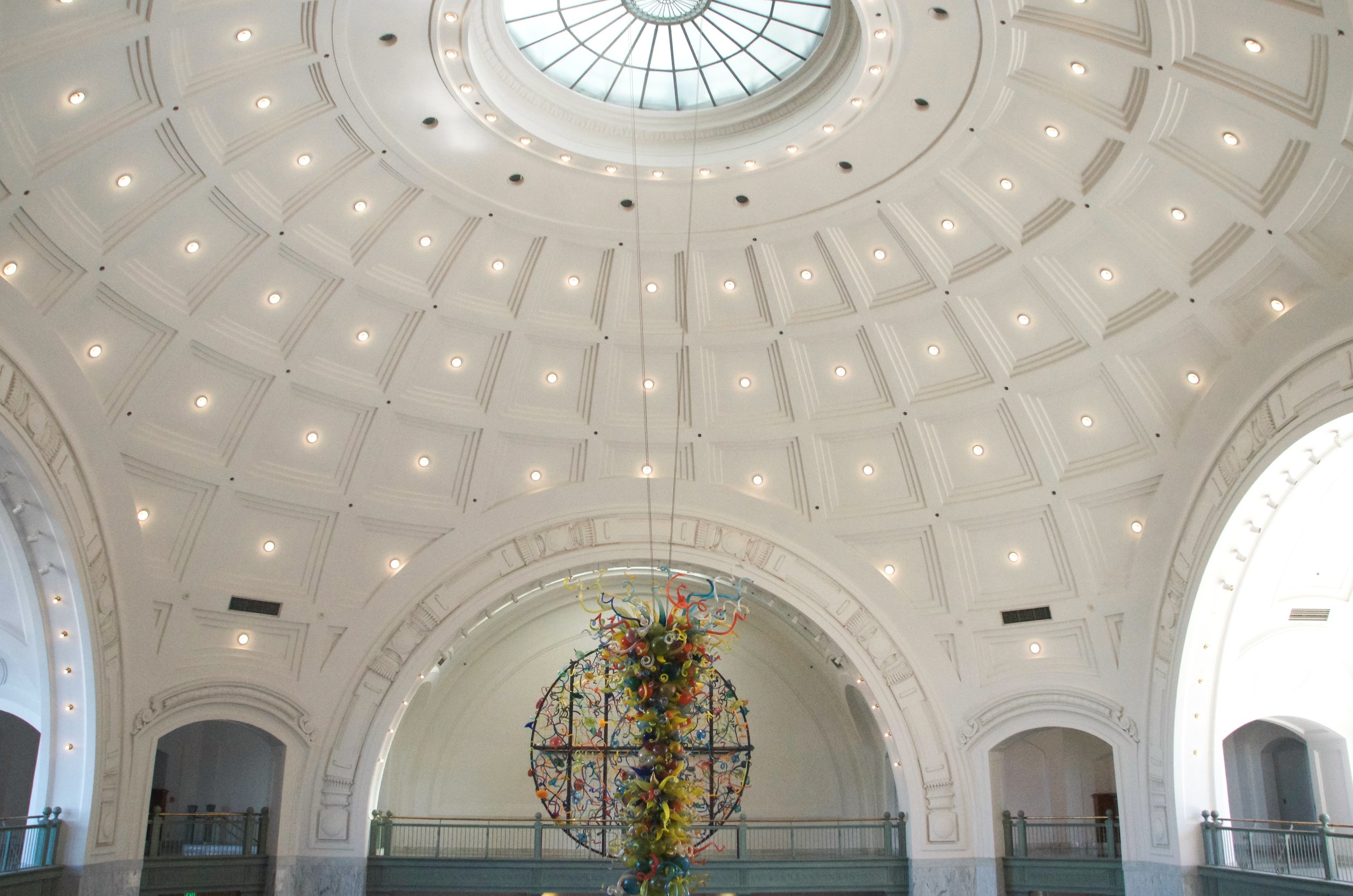 Tacoma Union Station in Tacoma, Washington, coffered white dome and oculus before projection