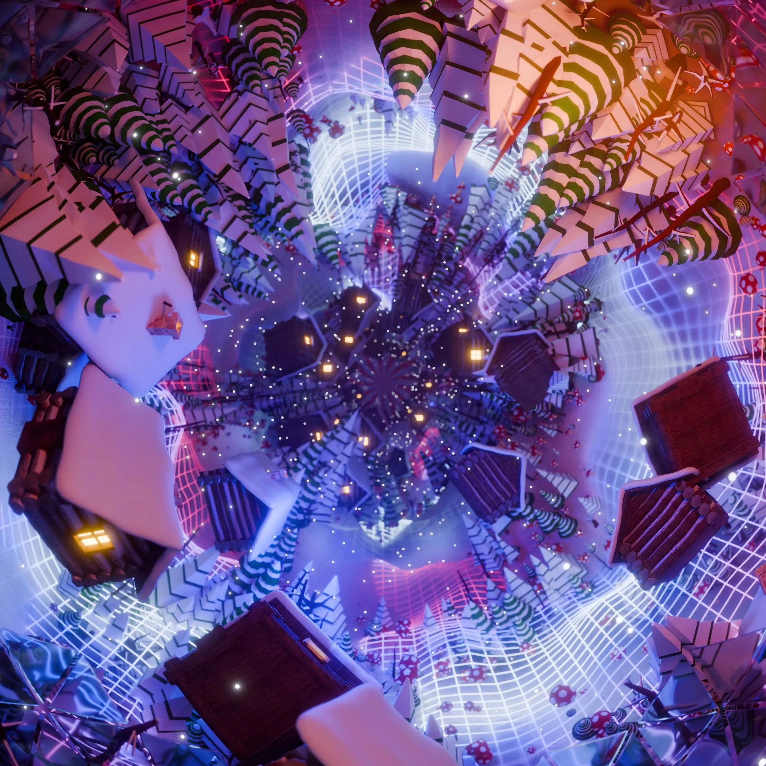 Immersive projection mapping room in a surreal purple 3D world of floating houses and tunnels spiraling toward a bright center