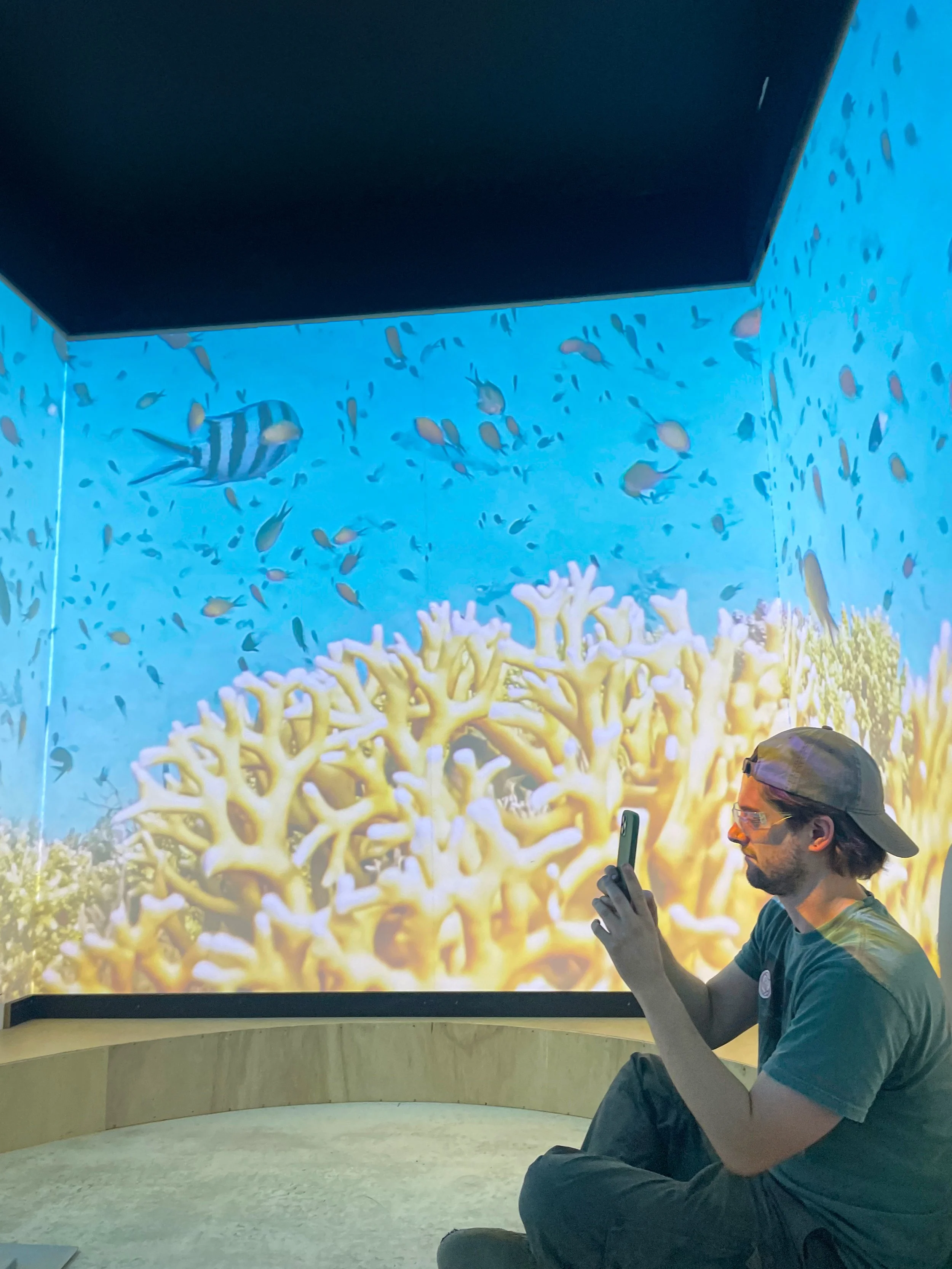 Immersive Shipping Container projection mapping at Burning Man, guest photographing a coral reef scene.