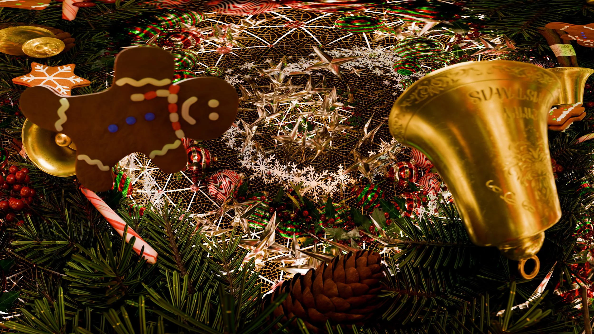Holiday visuals by NOVA Light Labs, gingerbread man, gold bell, and snowflakes over pine and pinecones.