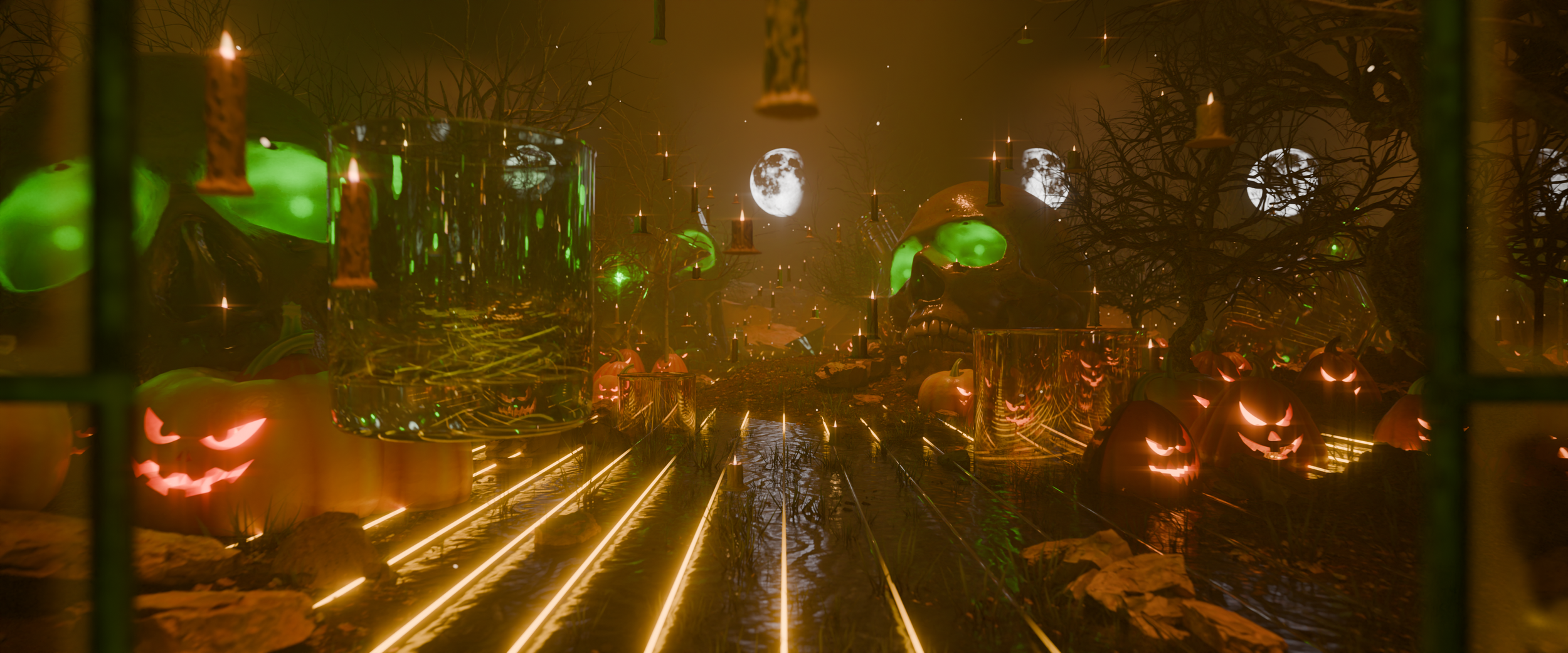 Full ultrawide fall scene for Idle Hands Phoenix, green cocktail glasses and lit pumpkins along a swamp path of neon lines