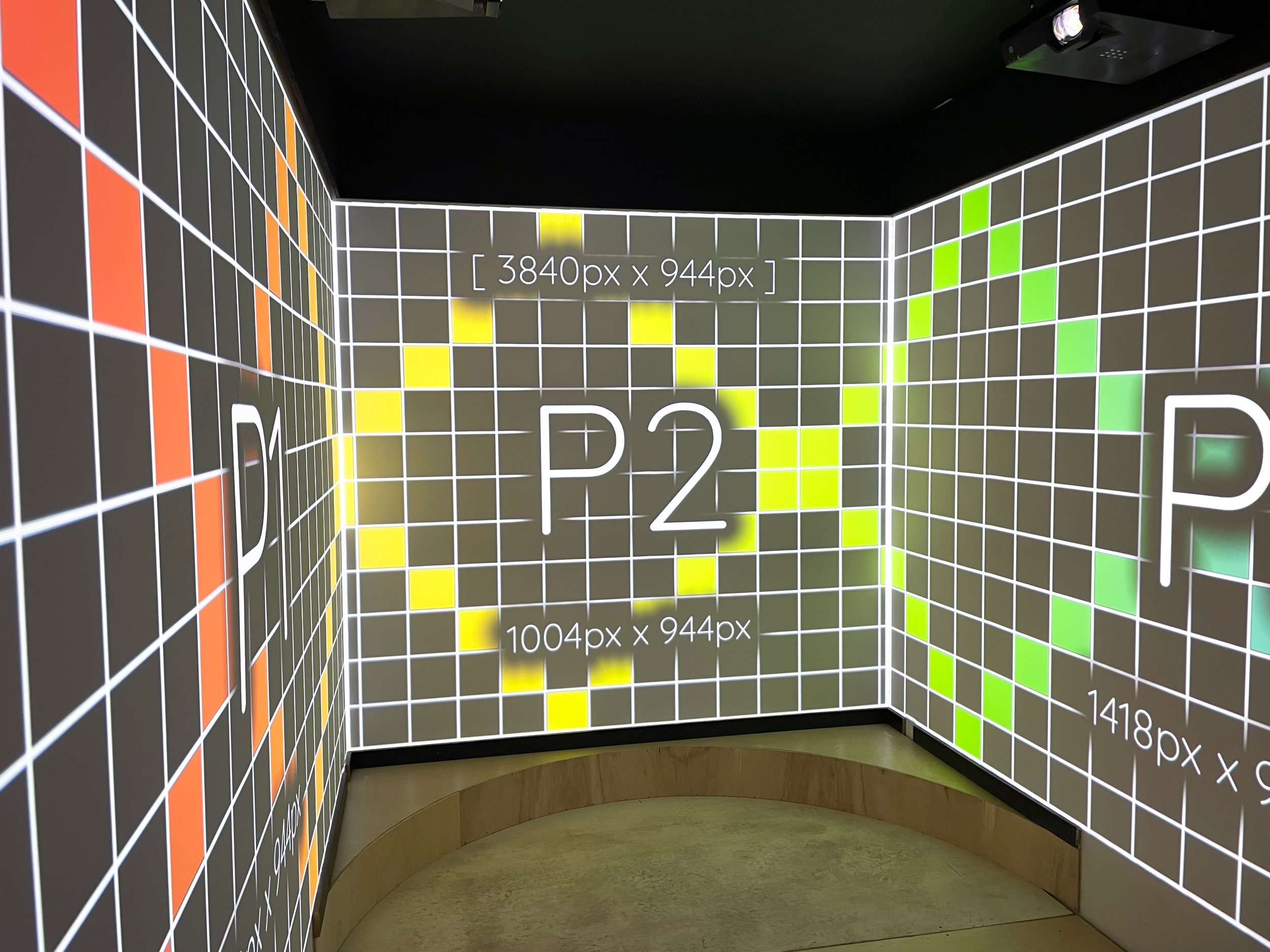 Immersive Shipping Container projection mapping at Burning Man, calibration grid with pixel dimensions mapped.