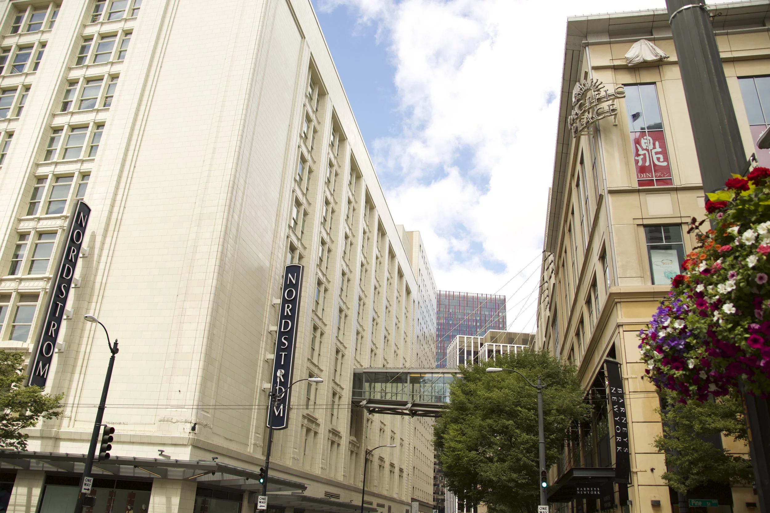 Pacific Place holiday projection mapping, downtown Seattle, daytime view of Nordstrom across the street