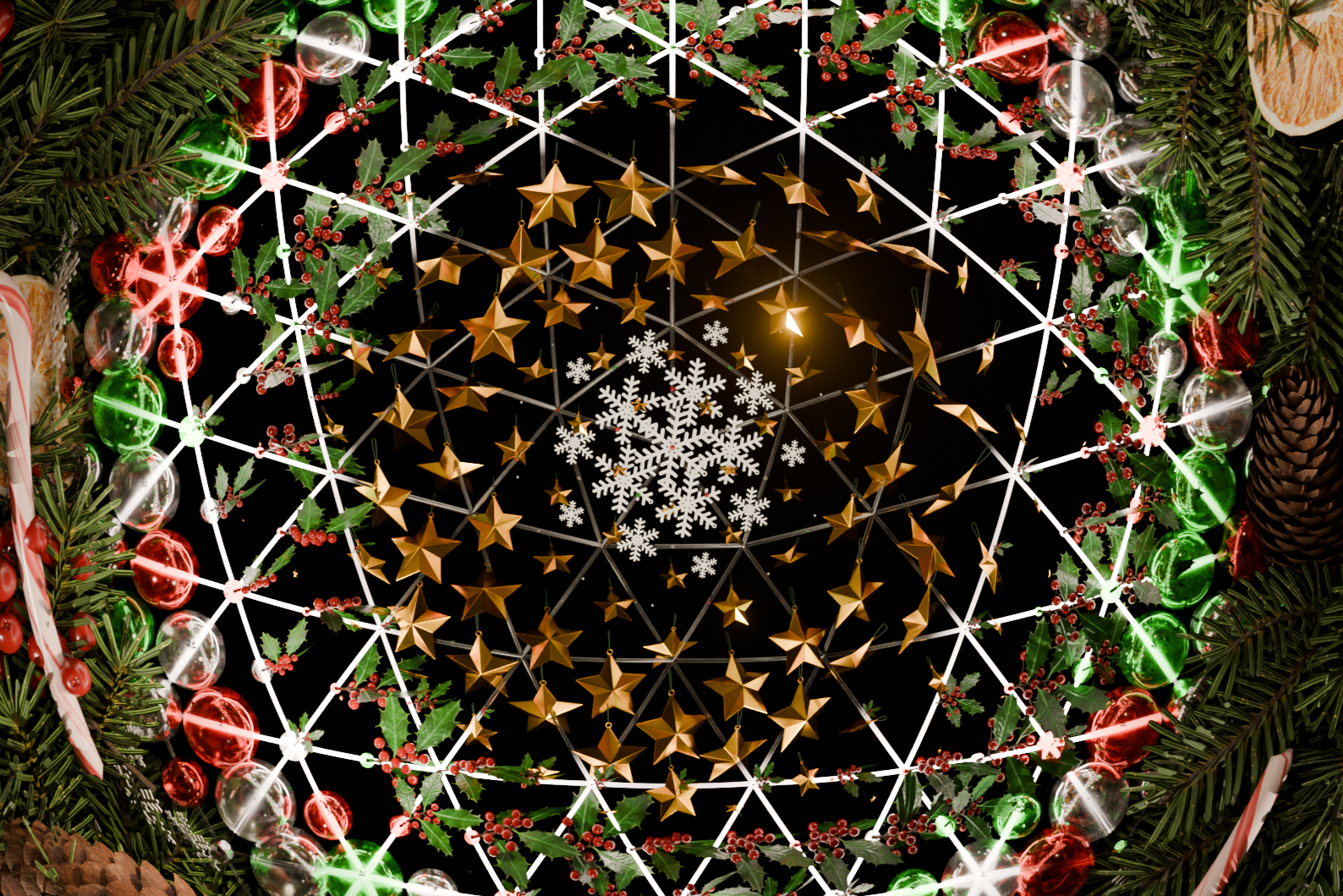 The Dome at Hi-Lawn DC, gold stars and snowflakes mapped across the holiday projection dome