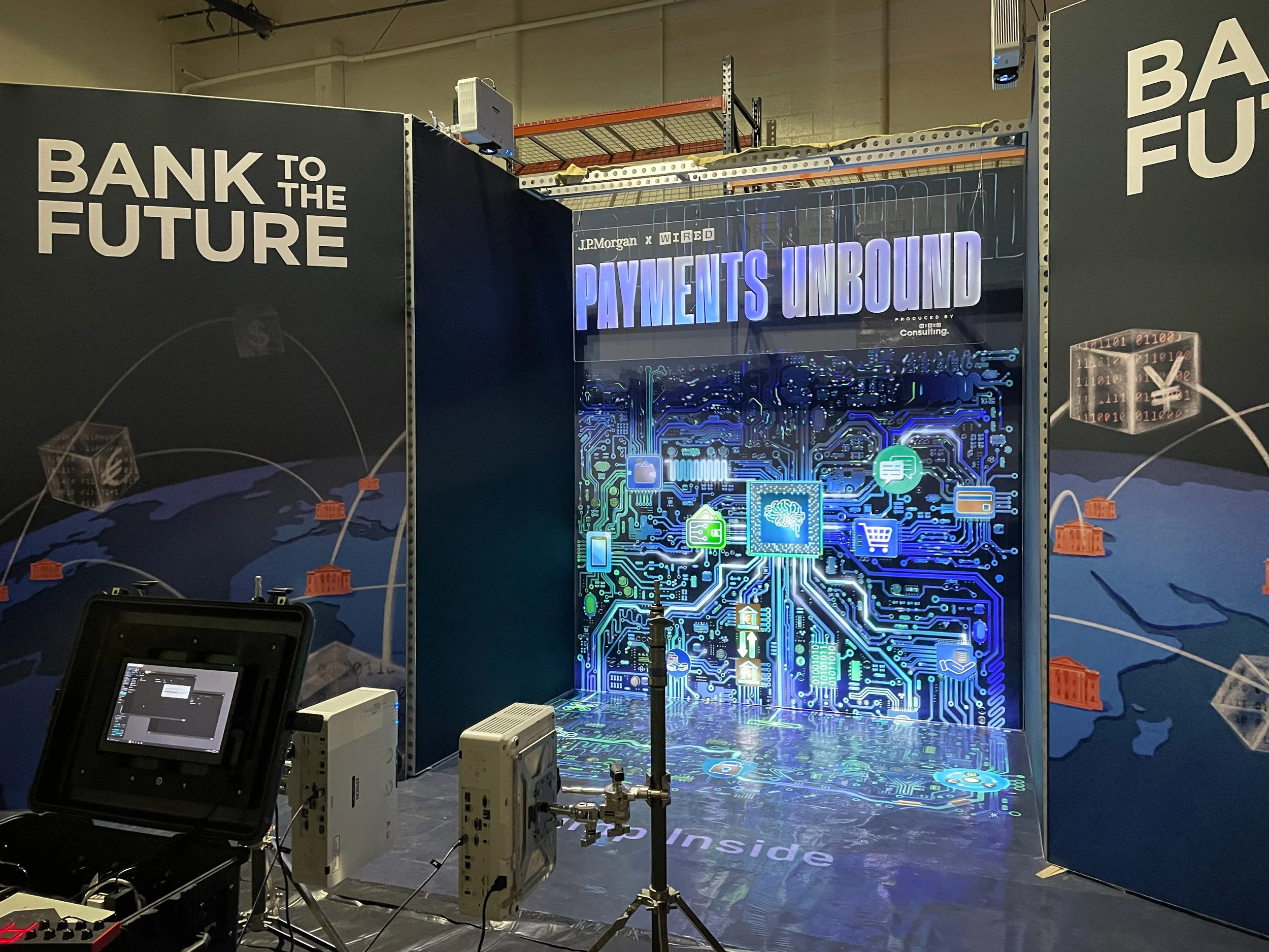 J.P. Morgan Payments Unbound projection mapping system, booth setup with road case and projectors