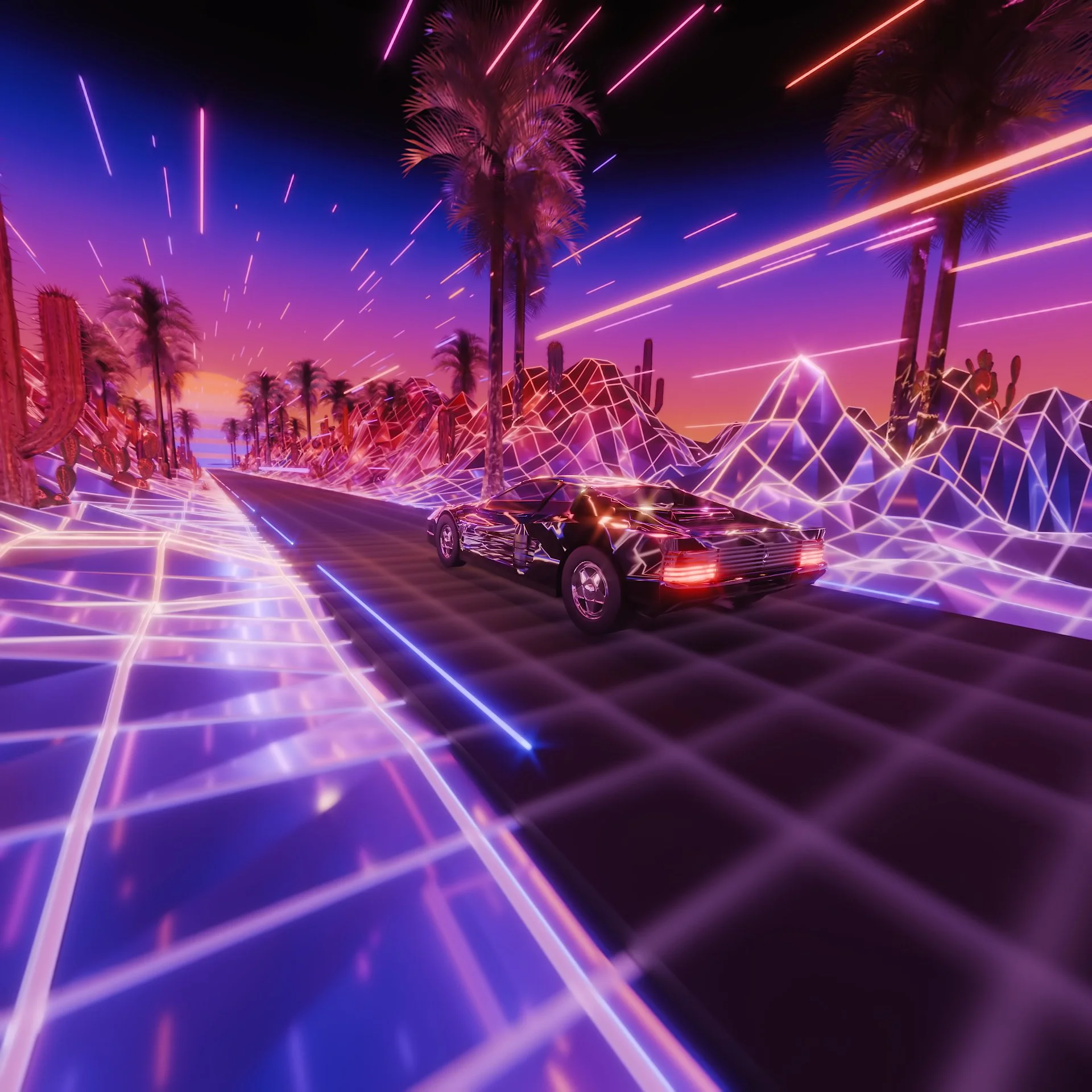 Custom Visuals for Idle Hands Summer, Immersive Cocktail Lounge, Ferrari with vapor wave trees and glowing neon