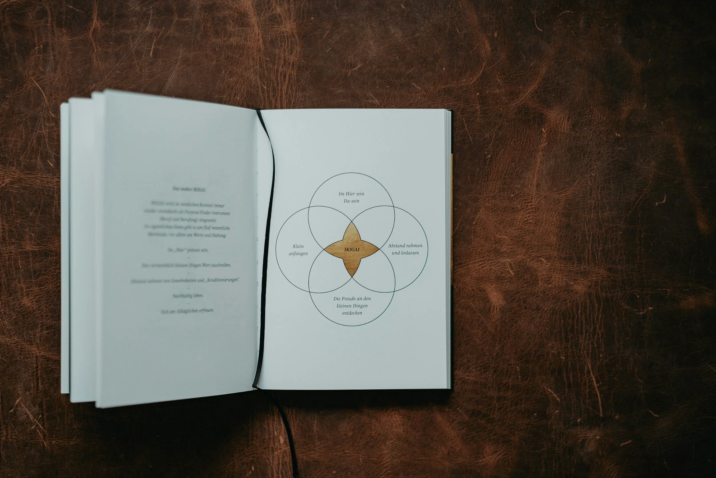 Open book laying on a brown leather surface with a diagram on the right page showing overlapping circles and the word 'IKIGAI' in the center.