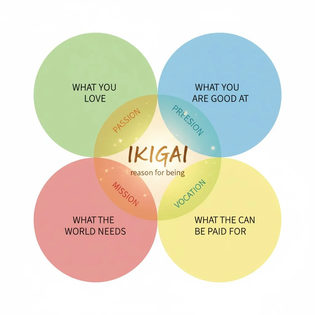 A colorful Venn diagram illustrating Ikigai, with circles labeled 'What you love,' 'What you are good at,' 'What the world needs,' and 'What the can be paid for.' The overlapping areas represent concepts like passion, mission, vocation, and the central area labeled Ikigai, meaning reason for being.