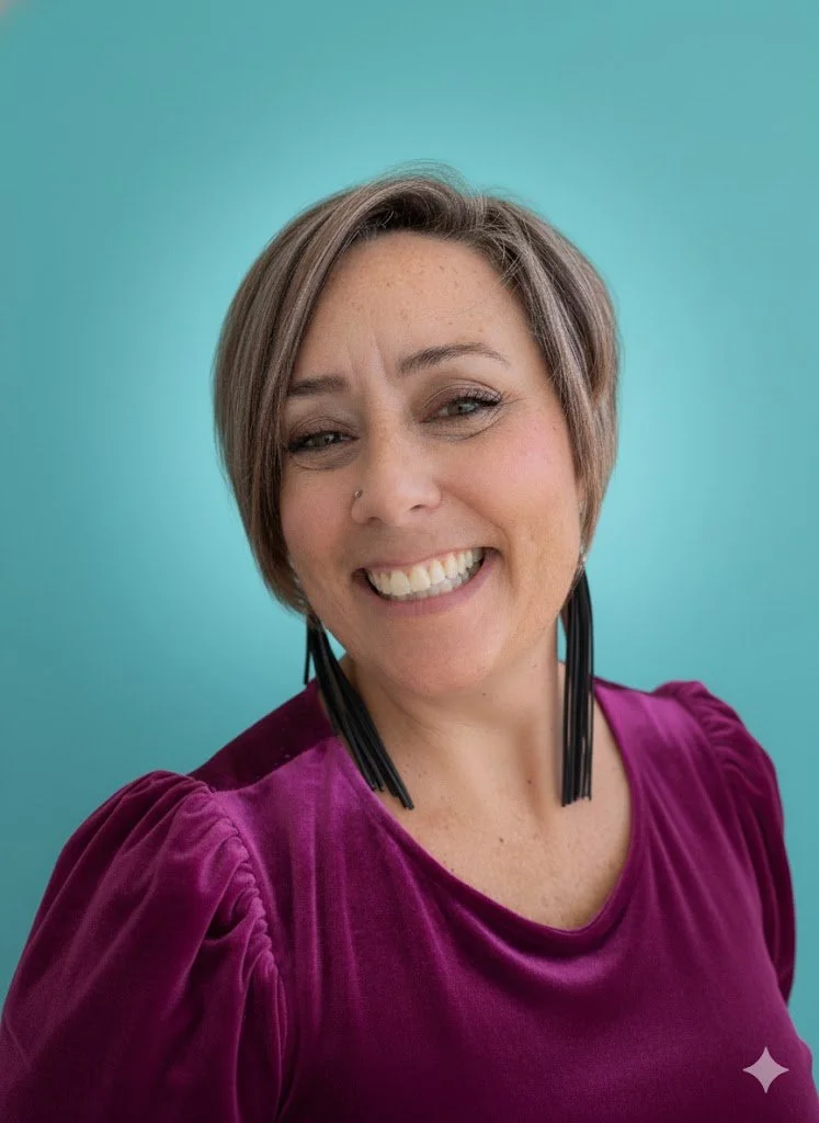 A woman with short, light brown hair and a nose piercing, smiling and wearing a purple velvet top and long black earrings, against a turquoise background.