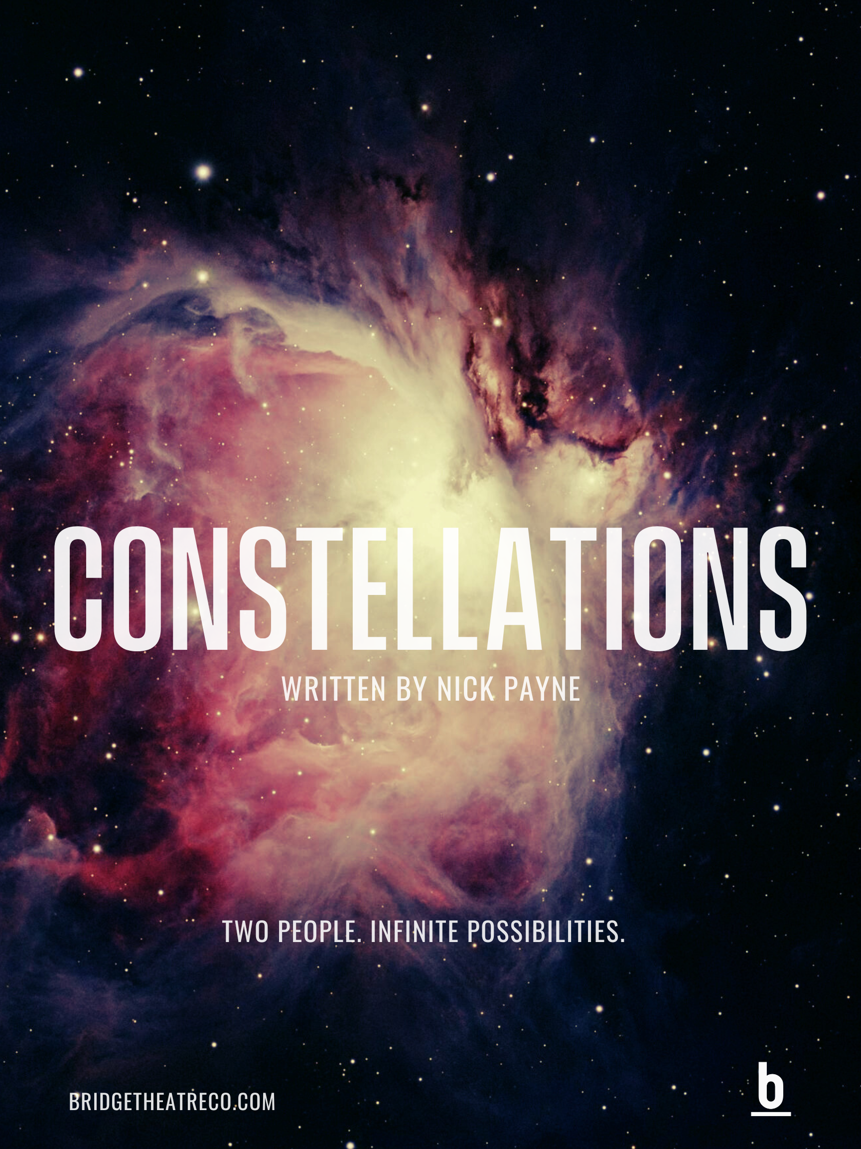 Book cover titled 'Constellations' by Nick Payne featuring a colorful image of a nebula in space.