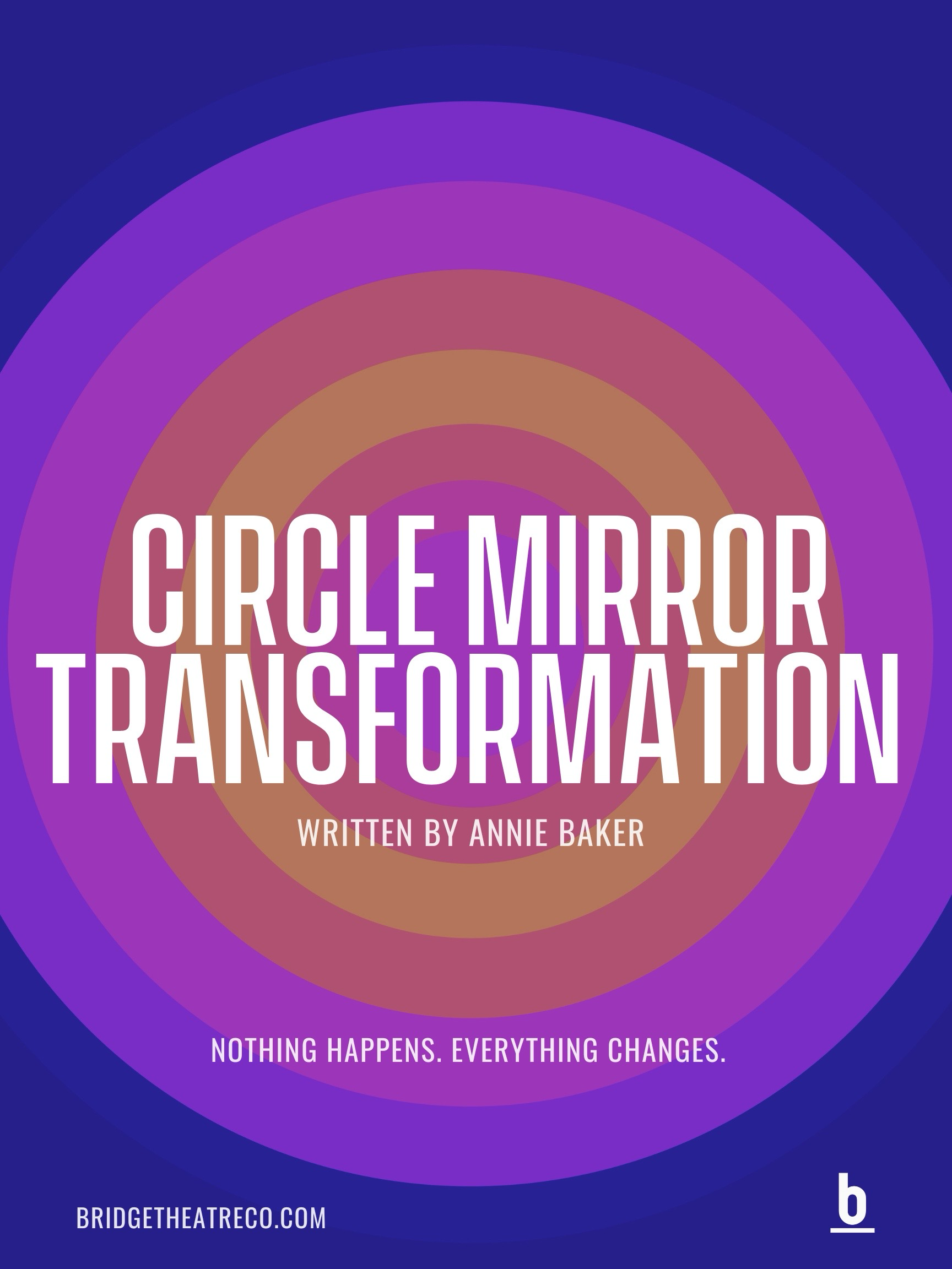 Poster for theatrical production titled "Circle Mirror Transformation" written by Annie Baker and directed by Mike Ford, against a purple palette of circles.