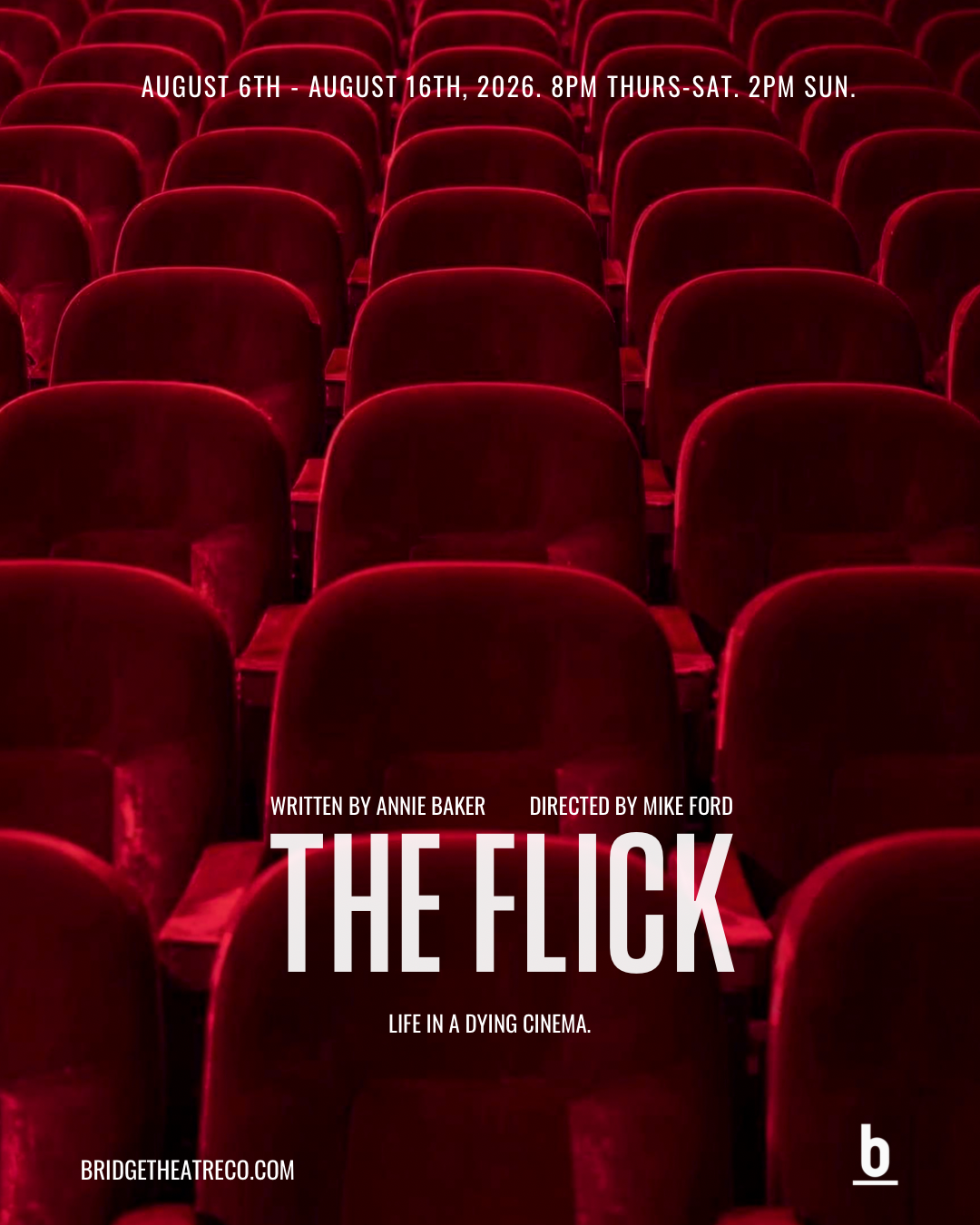 Red theater chairs in a cinema, with event details and title overlays.