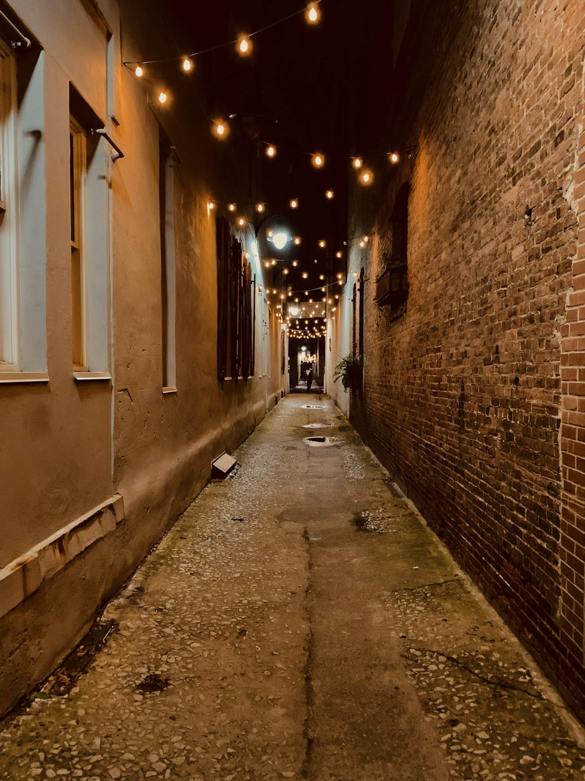 A narrow alleyway at night lit by hanging string lights. The alley has cobblestone ground and brick walls on one side and a painted wall on the other.