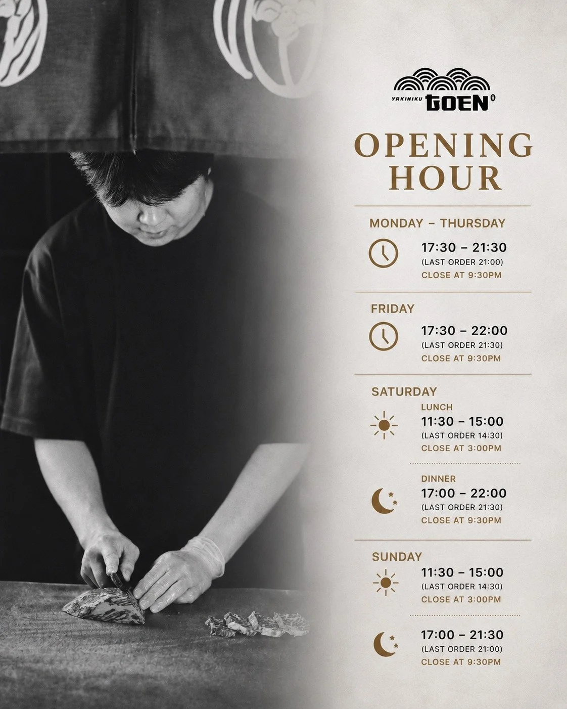 New opening hours at Yakiniku Goen ✨
Thank you for your continued support.
Please check our updated trading hours effective from June 1.
We look forward to welcoming you for both lunch and dinner 🍽️

Yakiniku Goen | Premium Japanese BBQ
Rochedale Ce
