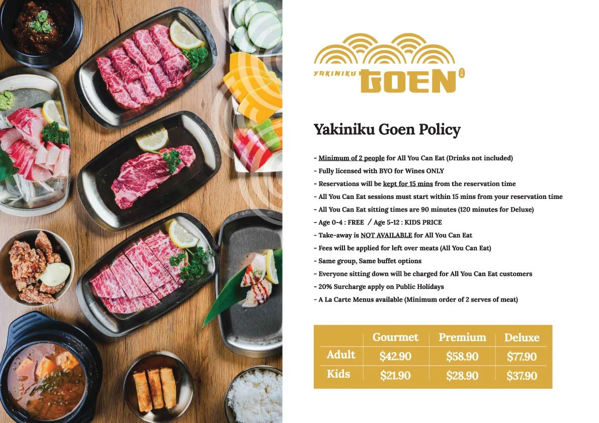 Various dishes of raw meats, vegetables, and side dishes on a wooden table, with a menu outlining Yakiniku Goen policy and pricing.