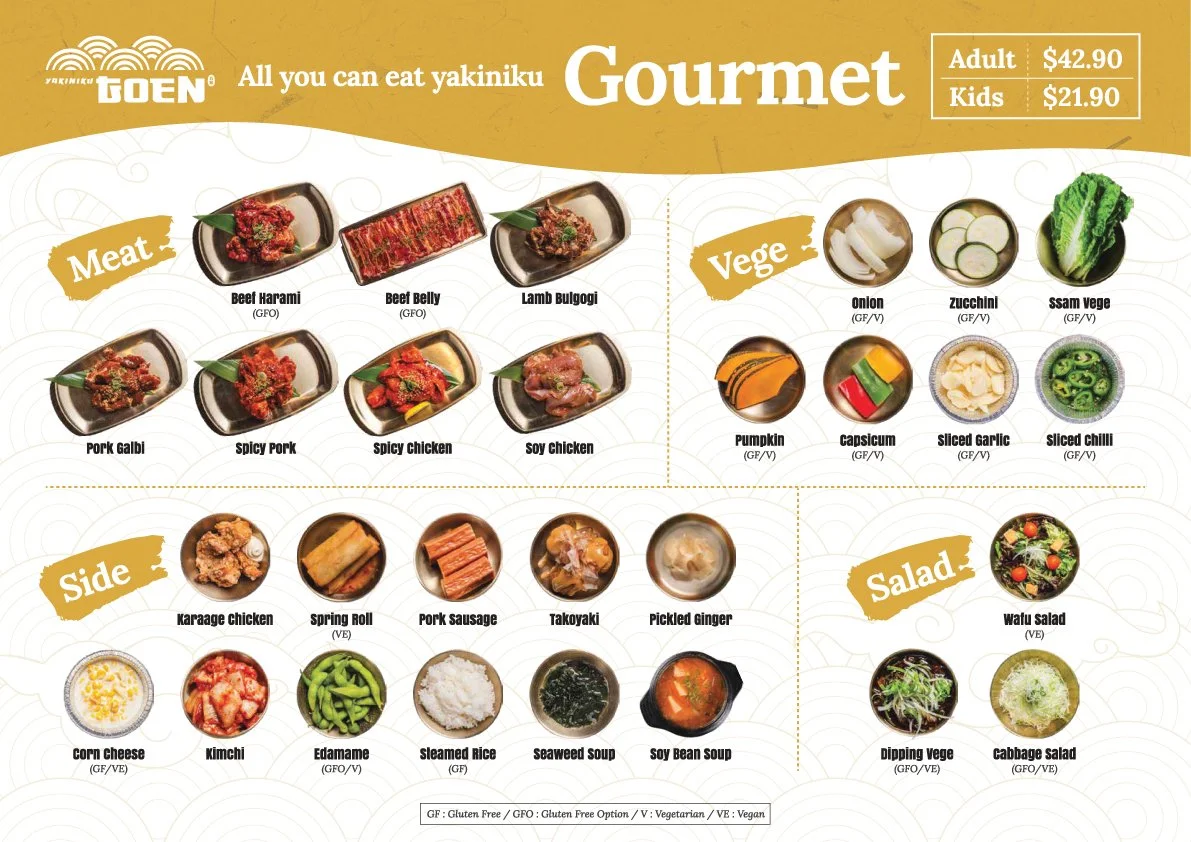 Menu featuring all you can eat yakiniku options. Sections include Meat with beef harami, beef belly, lamb bulgogi, pork galbi, spicy pork, spicy chicken, and soy chicken; Vege with onion, zucchini, ssam vege, pumpkin, capsicum, sliced garlic, and sliced chilli; Side dishes such as karaage chicken, spring roll, pork sausage, takoyaki, pickled ginger, corn cheese, kimchi, edamame, steamed rice, seaweed soup, and soy bean soup; Salad options including wafu salad, dipping vege, and cabbage salad. Pricing for adults is $42.90 and kids $21.90.