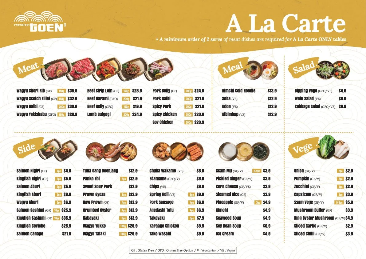 Menu featuring Japanese dishes with sections for meat, sides, meal, salad, and vegetables, including items like Wagyu short rib, beef strip loin, pork belly, kimchi cold noodle, salmon nigiri, onion, pumpkin, and various other Japanese and Korean foods.
