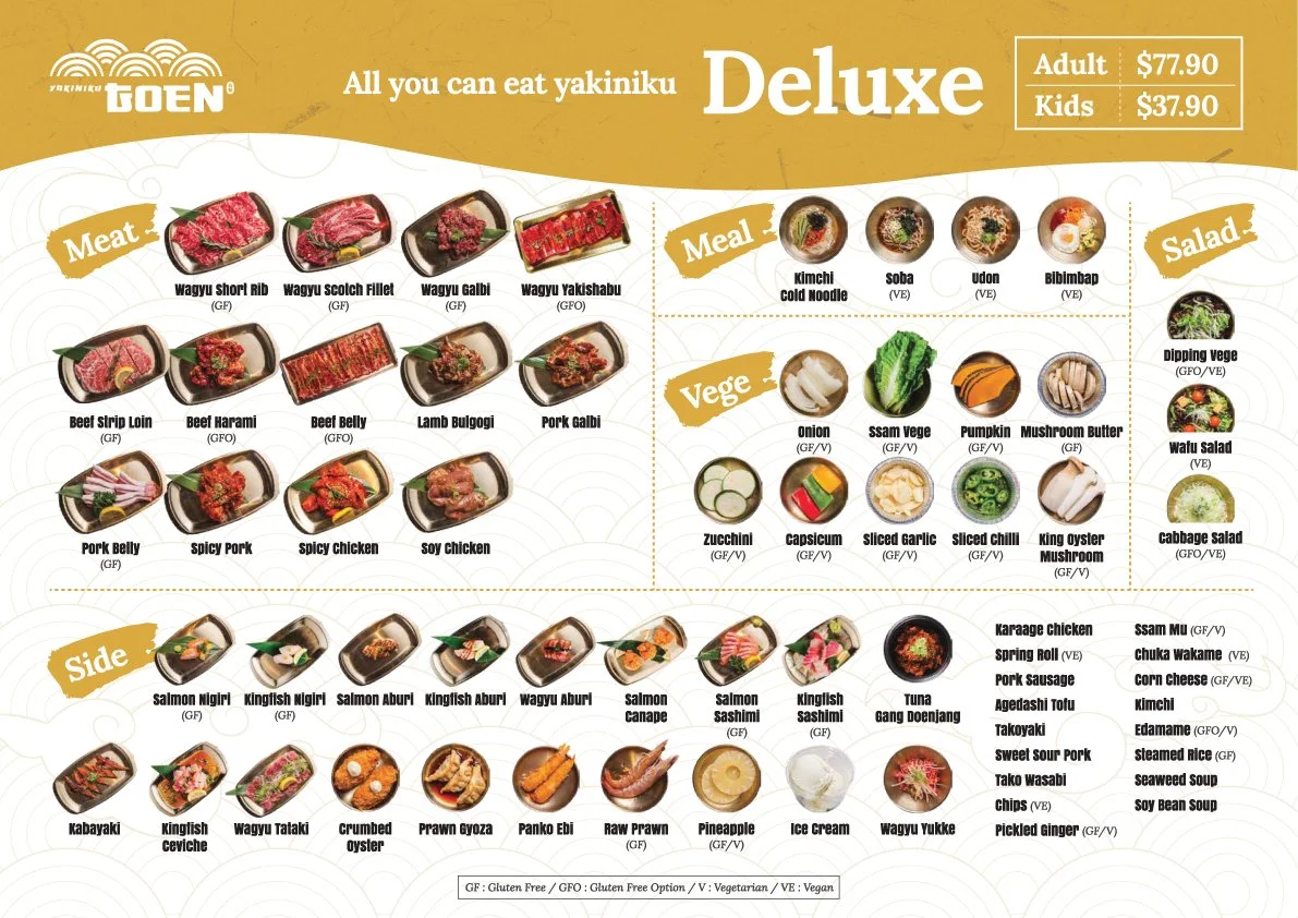 Yakiniku deluxe menu with various meat, side, salad, and vegetable options.