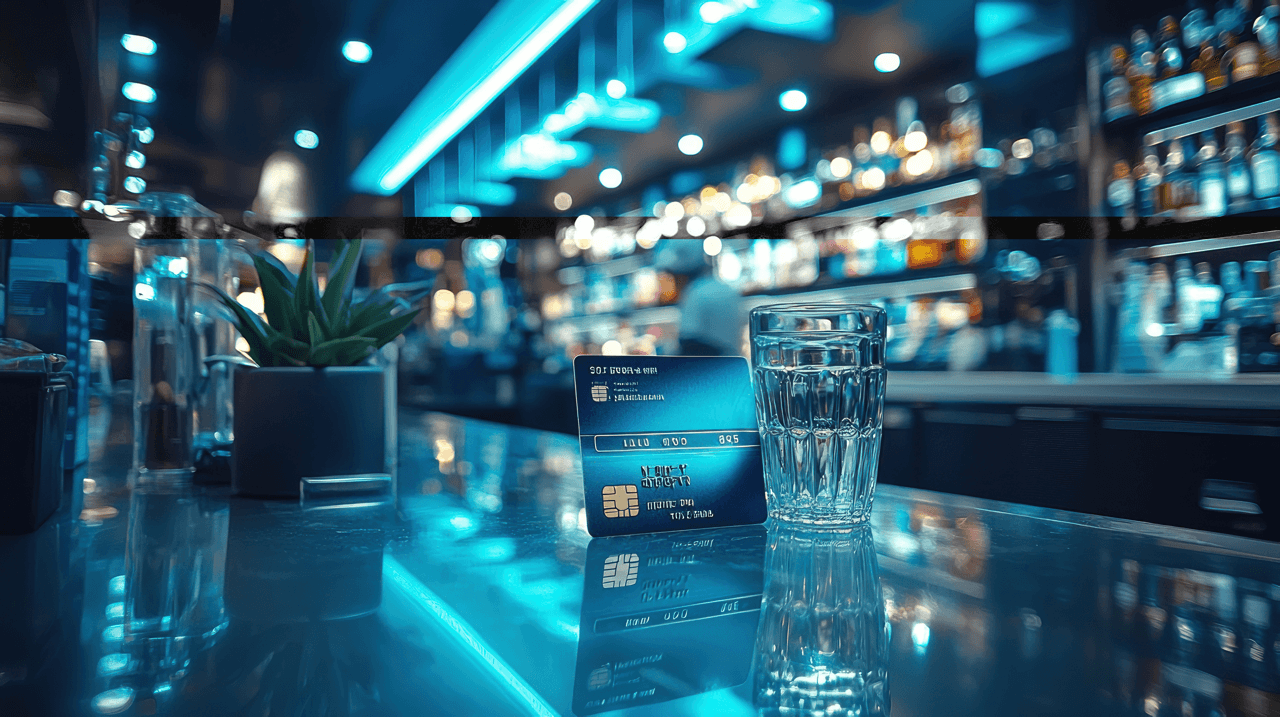 A credit card and a glass of water on a bar counter with bottles of alcohol and bar equipment in the background, illuminated by blue neon lighting.