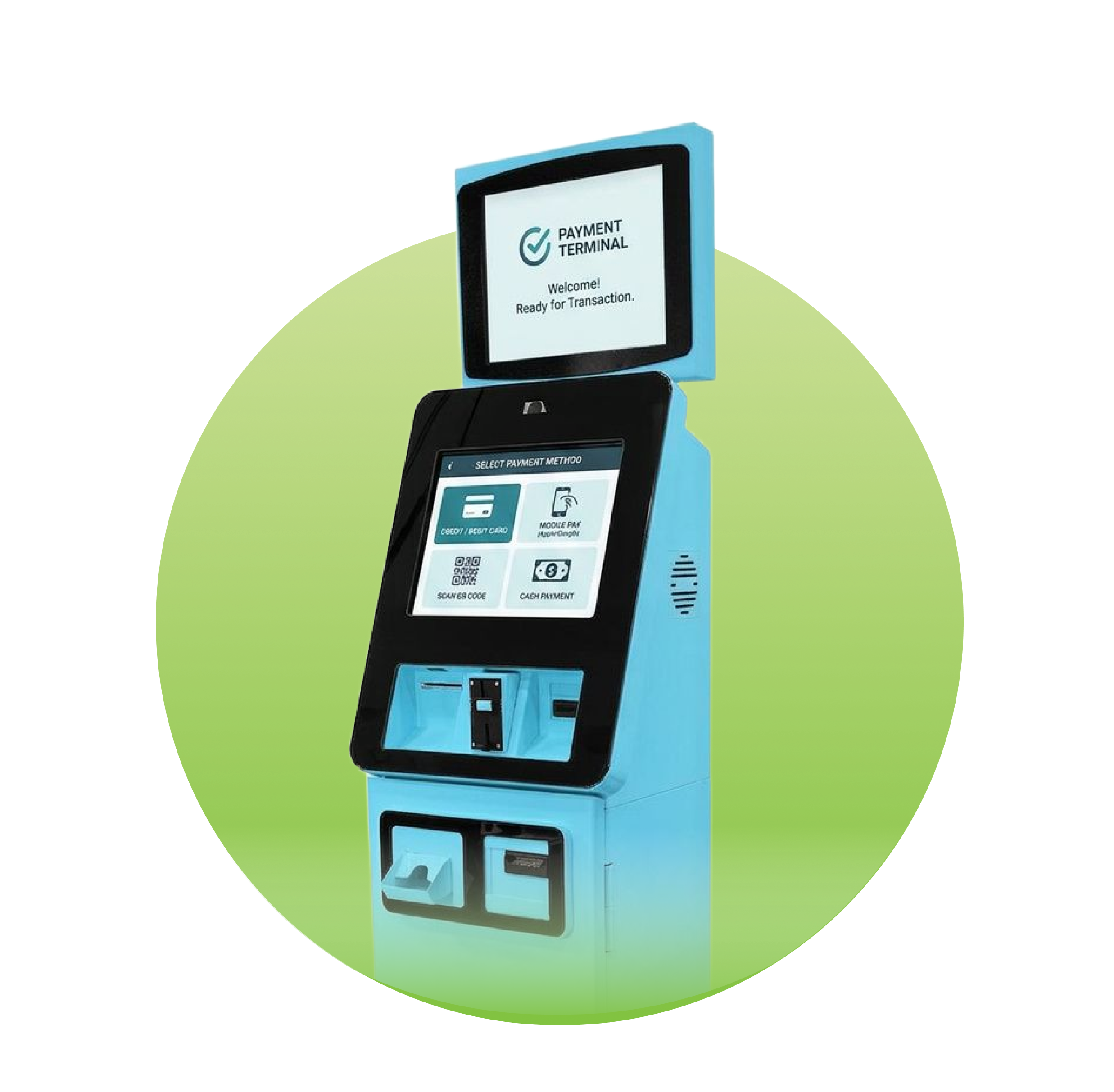 A blue modern self-service payment kiosk with a touchscreen display showing payment options, a card reader, a receipt printer, and additional payment slots. A small monitor on top displays a welcome message for completing transactions.