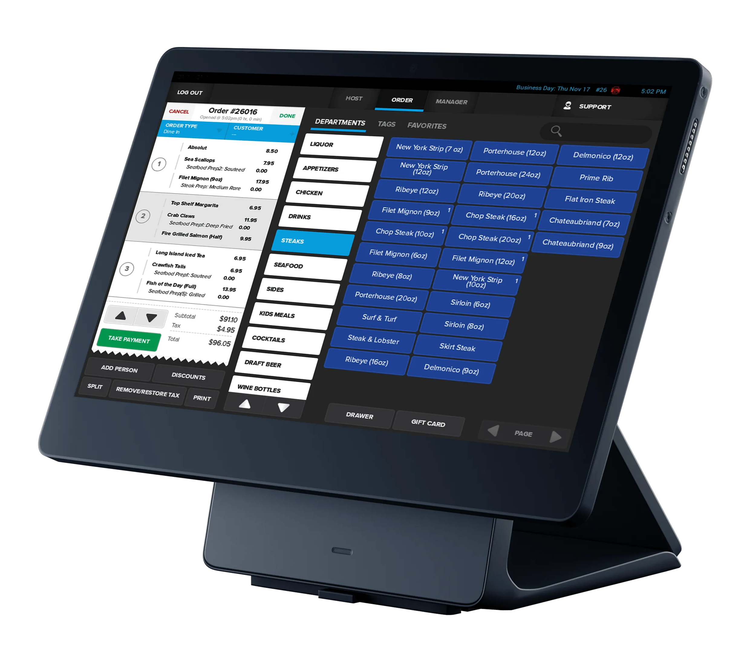 A restaurant POS system on a tablet displaying order details, menu categories, and payment options.
