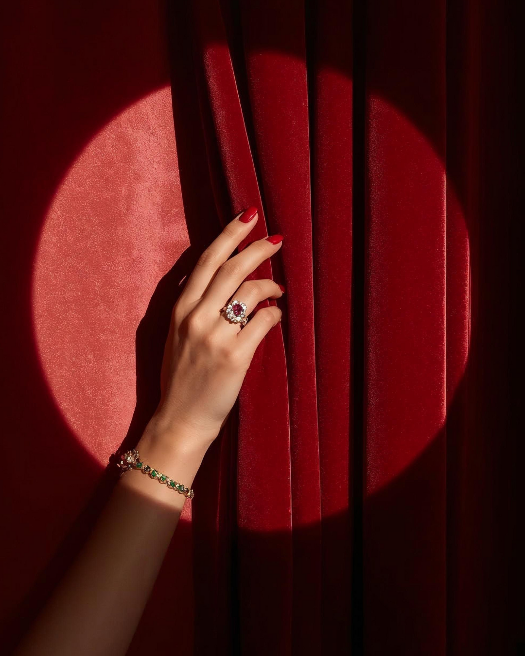 A woman's hand with a large gemstone ring and a bracelet, holding a red velvet curtain with a circular spotlight of light.