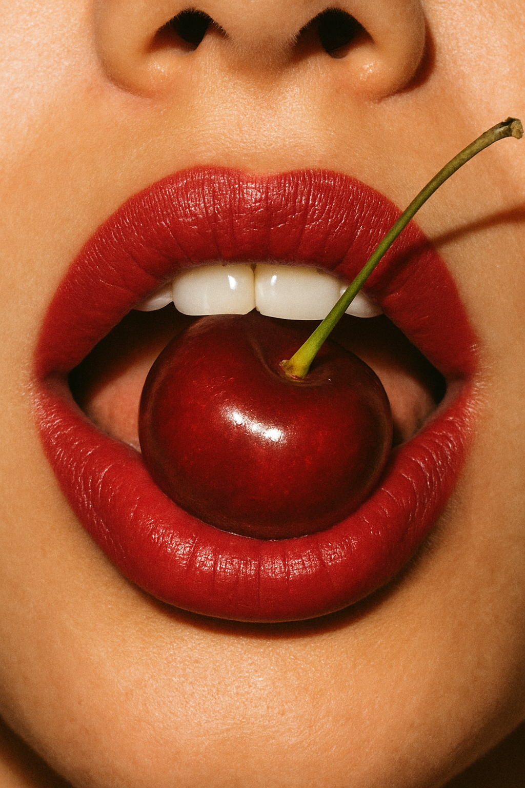 Close-up of a person with red lipstick holding a cherry between teeth.