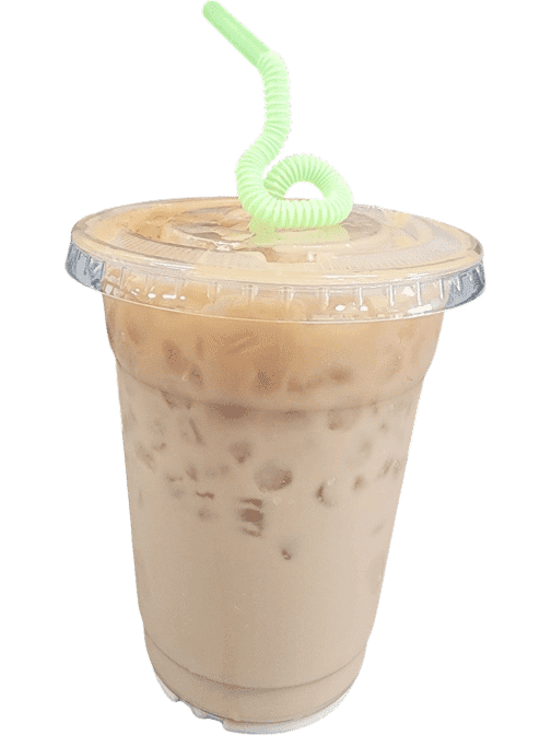 Iced coffee with milk in a clear plastic cup, topped with a green curly straw.