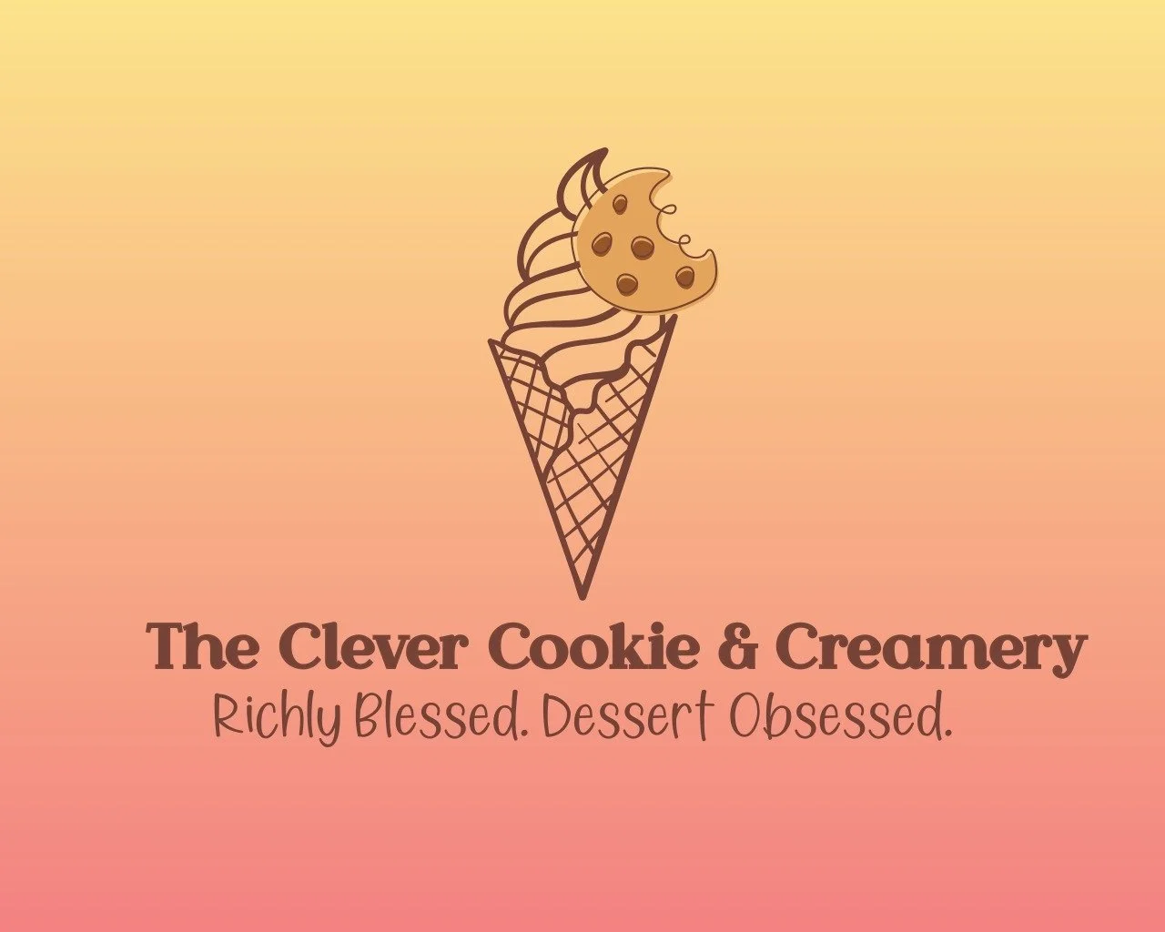 Logo of The Clever Cookie & Creamery featuring a stylized ice cream cone with a cookie on top, and the text "The Clever Cookie & Creamery" with the tagline "Richly Blessed. Dessert Obsessed."