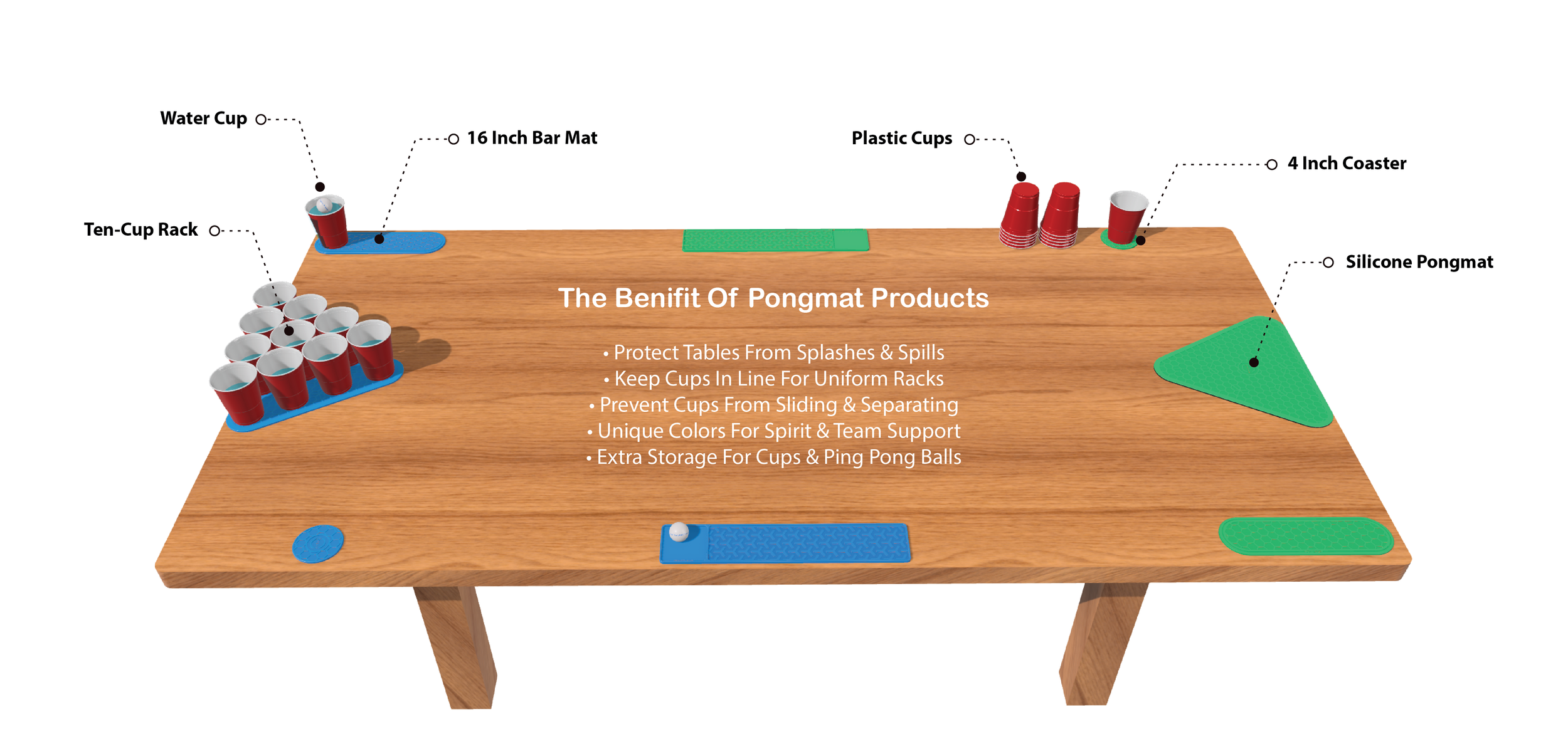 An image of a large wooden table with silicone mats that depict a typical cup pong game with two silicone triangle shaped mats, two rounded bar mats and two rectangular bar mats with two coasters and red plastic cups.