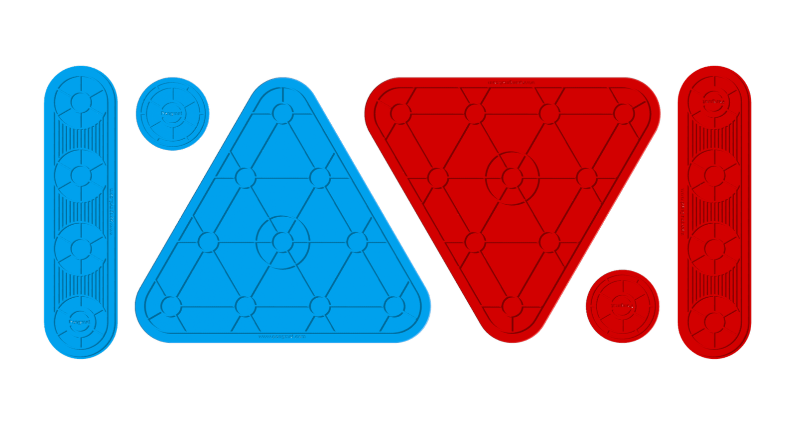 Blue and red triangle-shaped silicone rubber mats with triangular and circular line patterns, rounded bar mats and circular coasters with triangular and circular patterns.