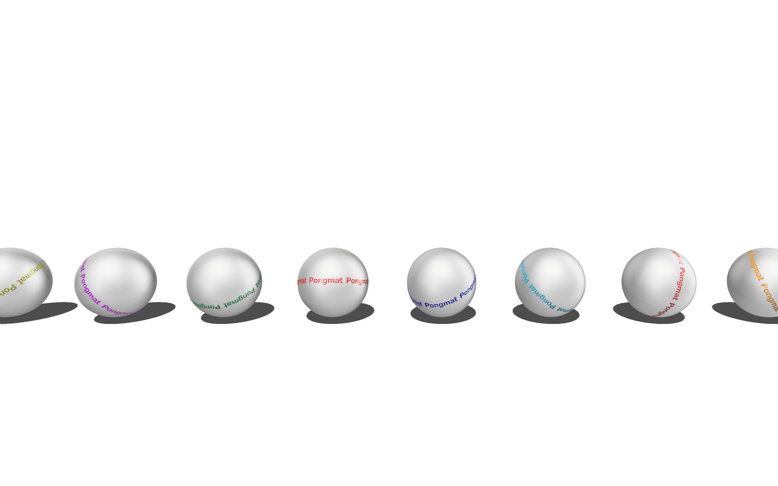 Close-up of white ping pong balls with a logo that extends around the edge of each ball and reads 'Pongmat'.