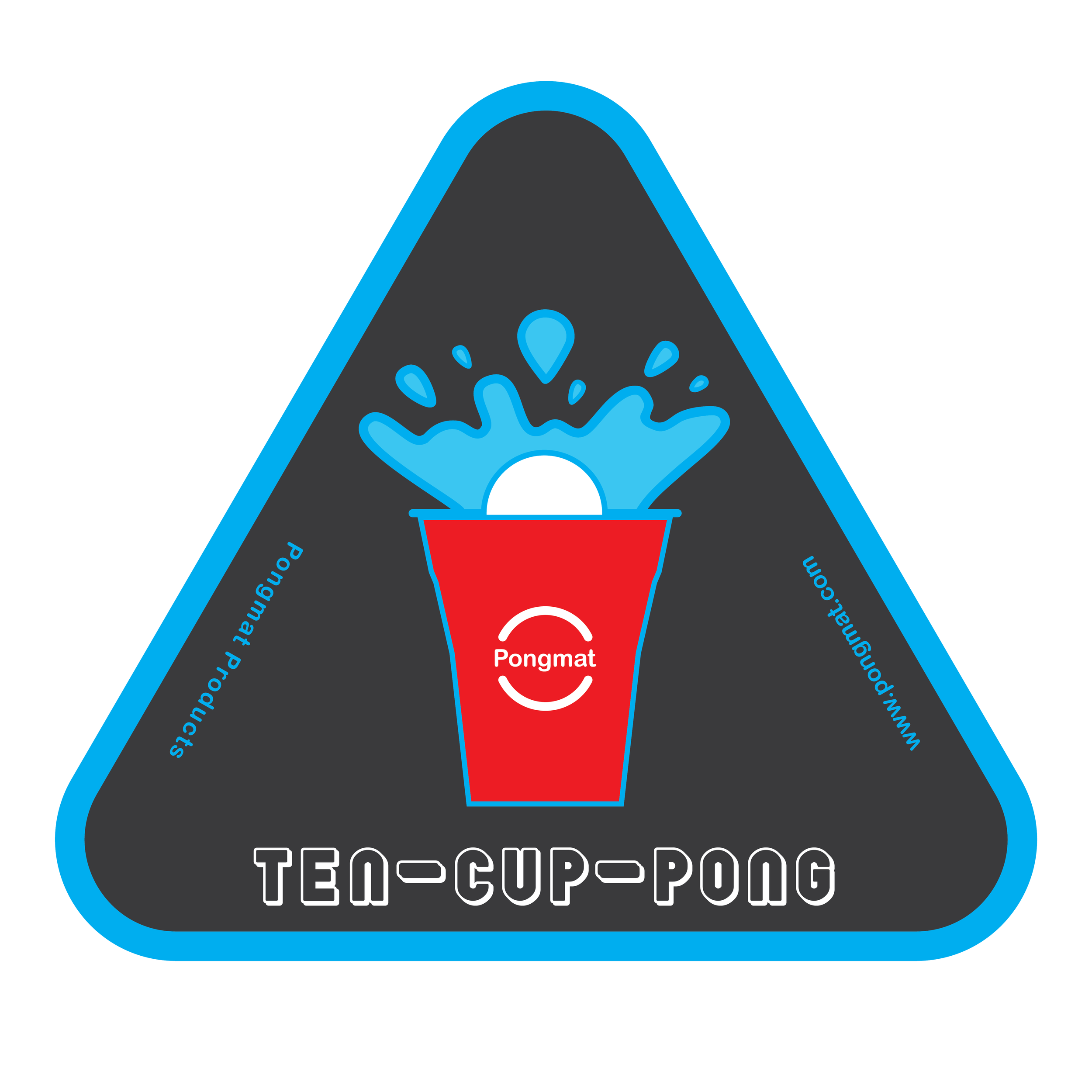 Illustration of a red cup with a liquid splash and the text 'Pongmat' on it, inside a rounded triangle with a blue border.