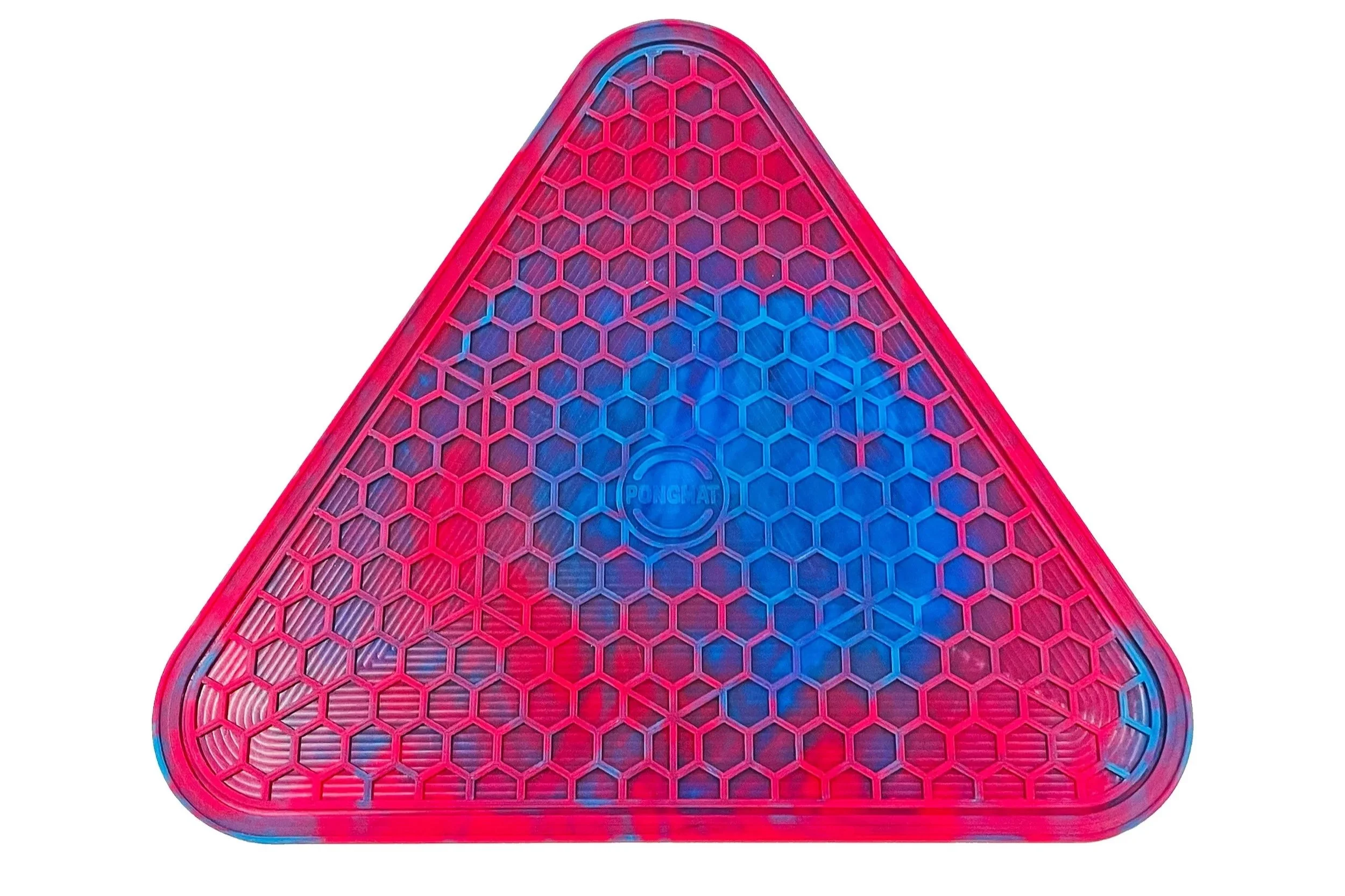 A multi-colored tie-dye silicone mat displaying a red and blue swirl on a rounded triangle shape with a hexagon pattern throughout.
