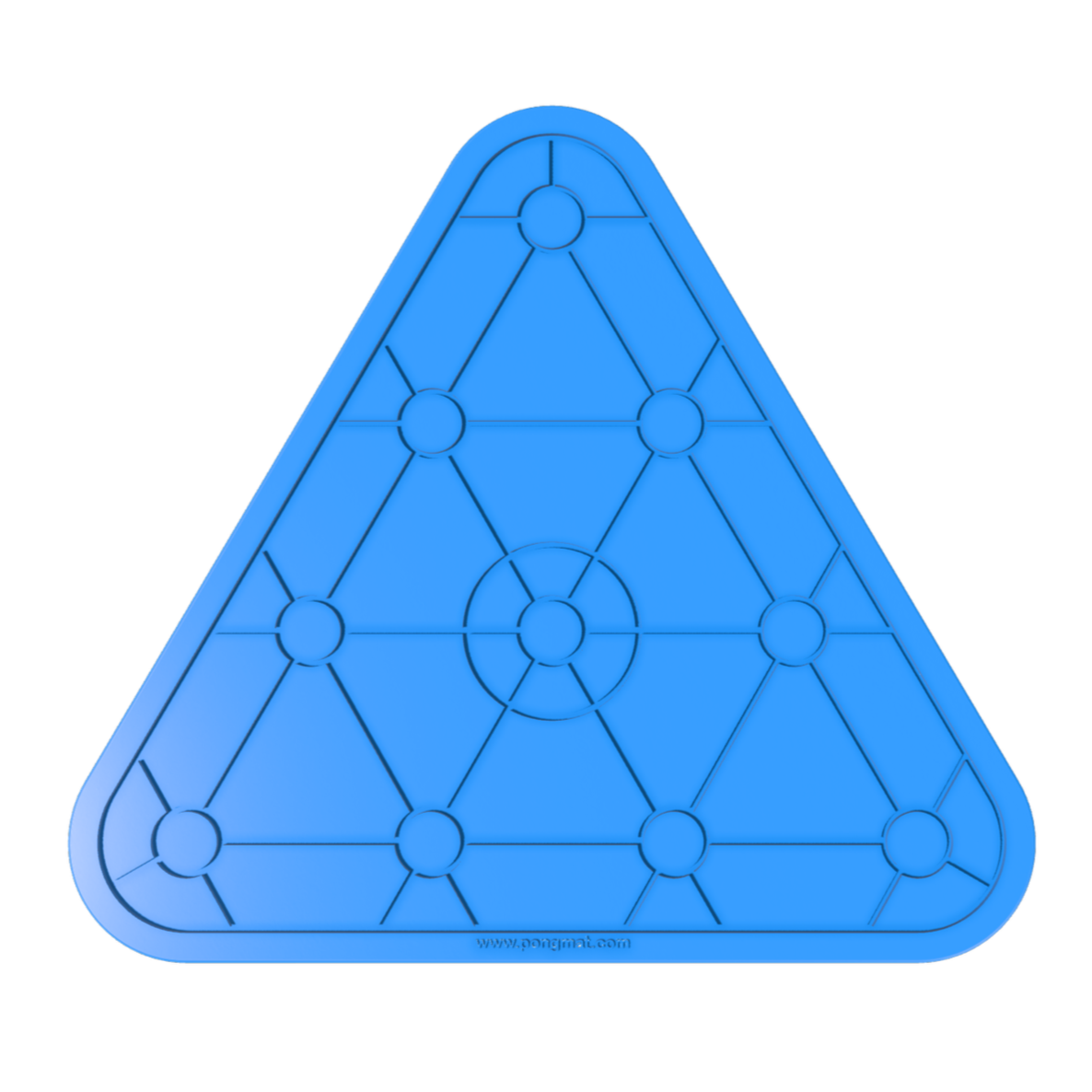A blue triangular silicone mat with rounded corners and triangular and circular line patterns throughout.