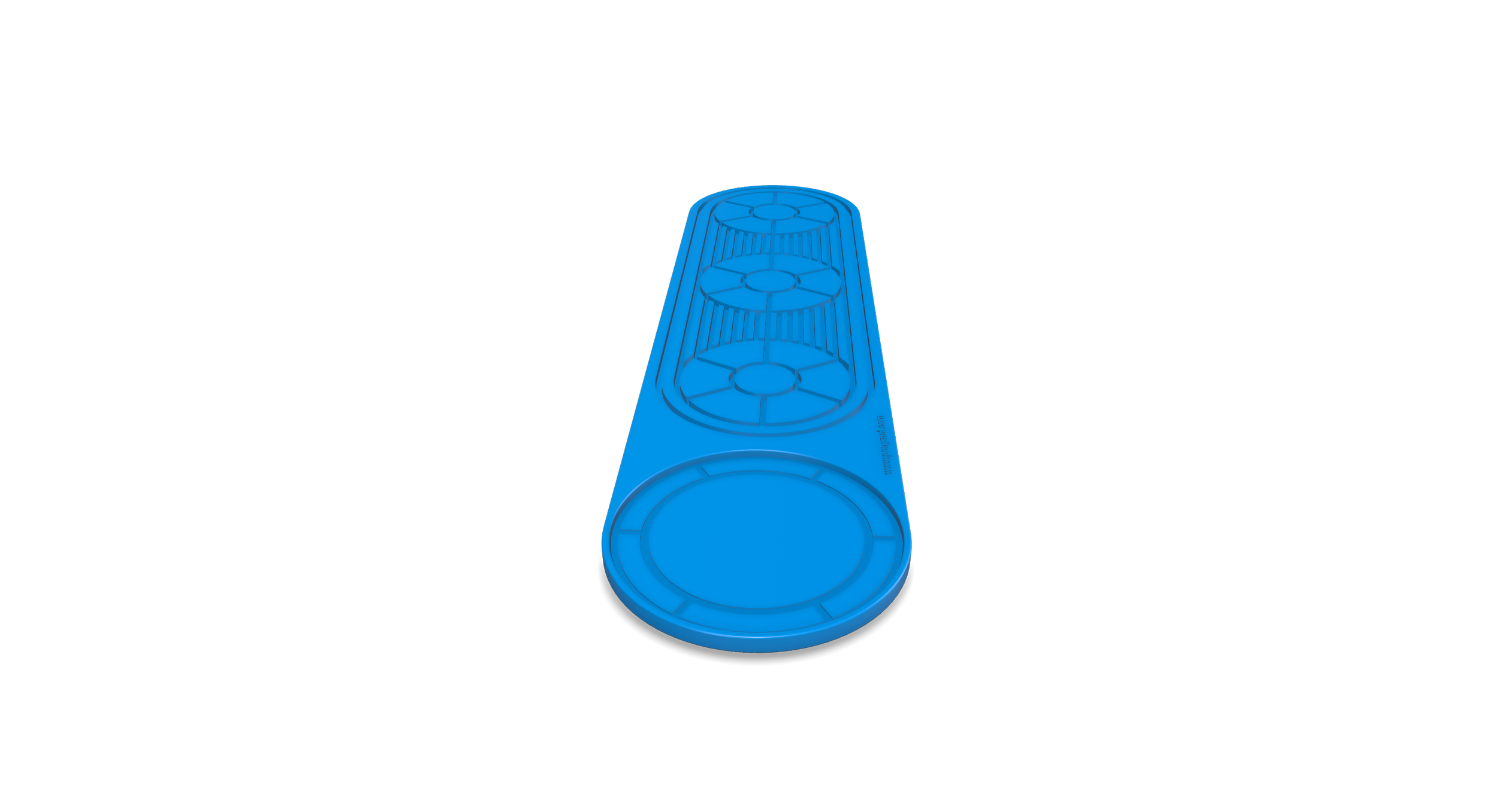 A blue silicone bar mat with circle and line patterns throughout.