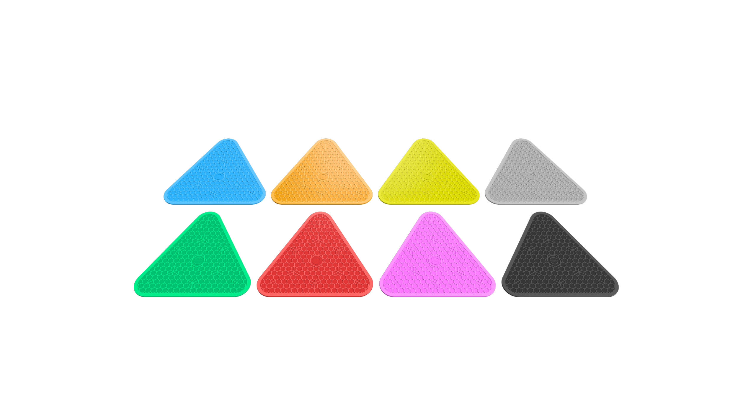 A colorful display of eight different colors of rounded triangle shaped silicone mats.