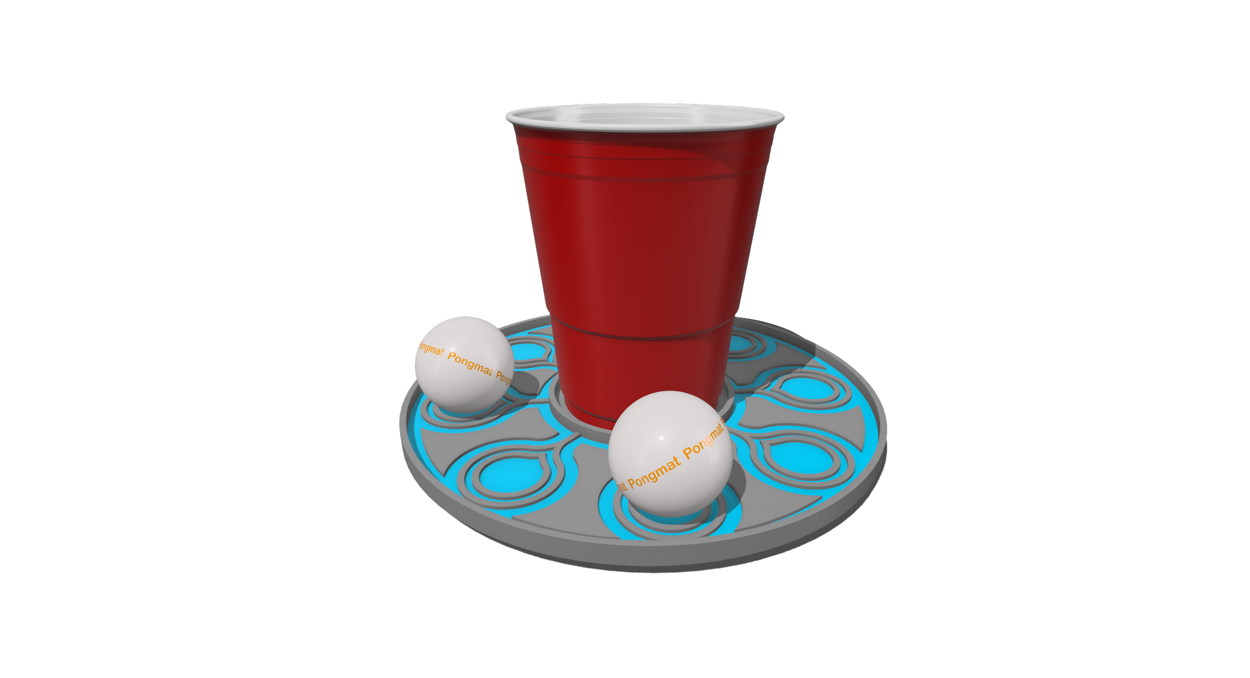 A red plastic cup on top of a circular mat with a droplet shaped pattern extending from the center that holds ping-pong balls on the perimeter.