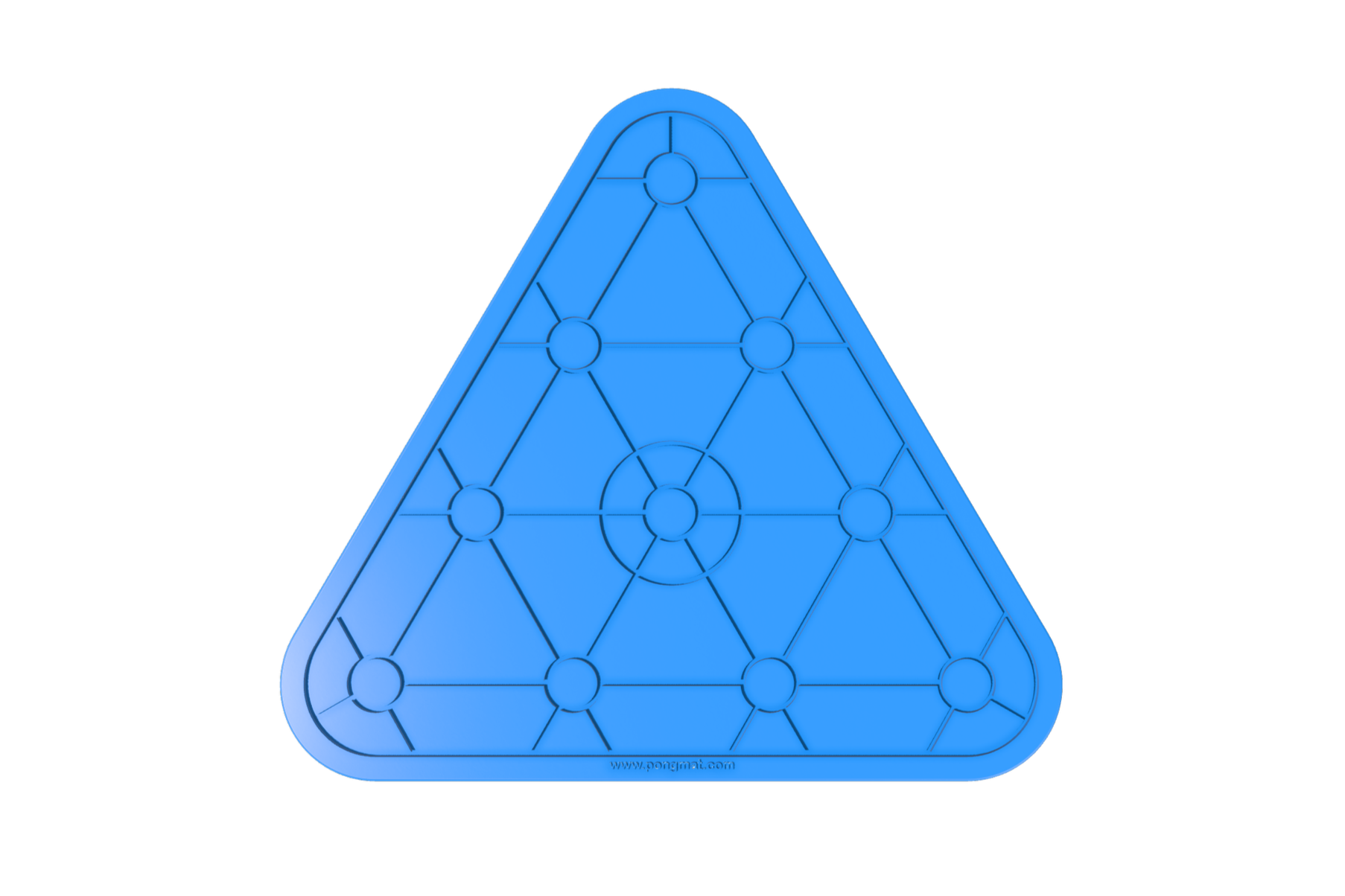 Blue triangular billiards rack with a web pattern of interconnected circles and lines, on a black background.