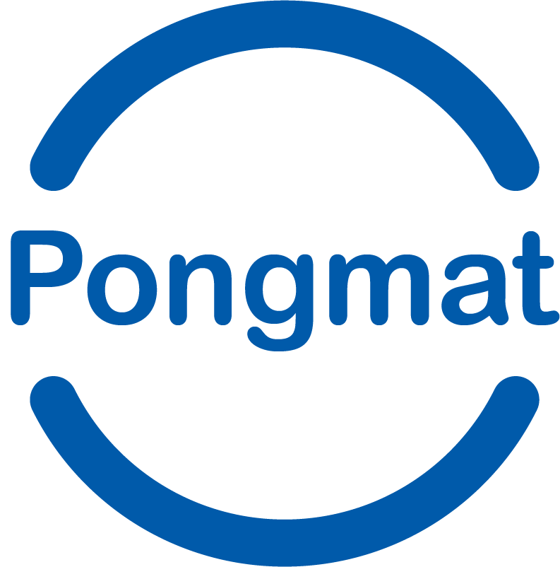 Blue logo with the word "Pongmat" inside a partial circle.