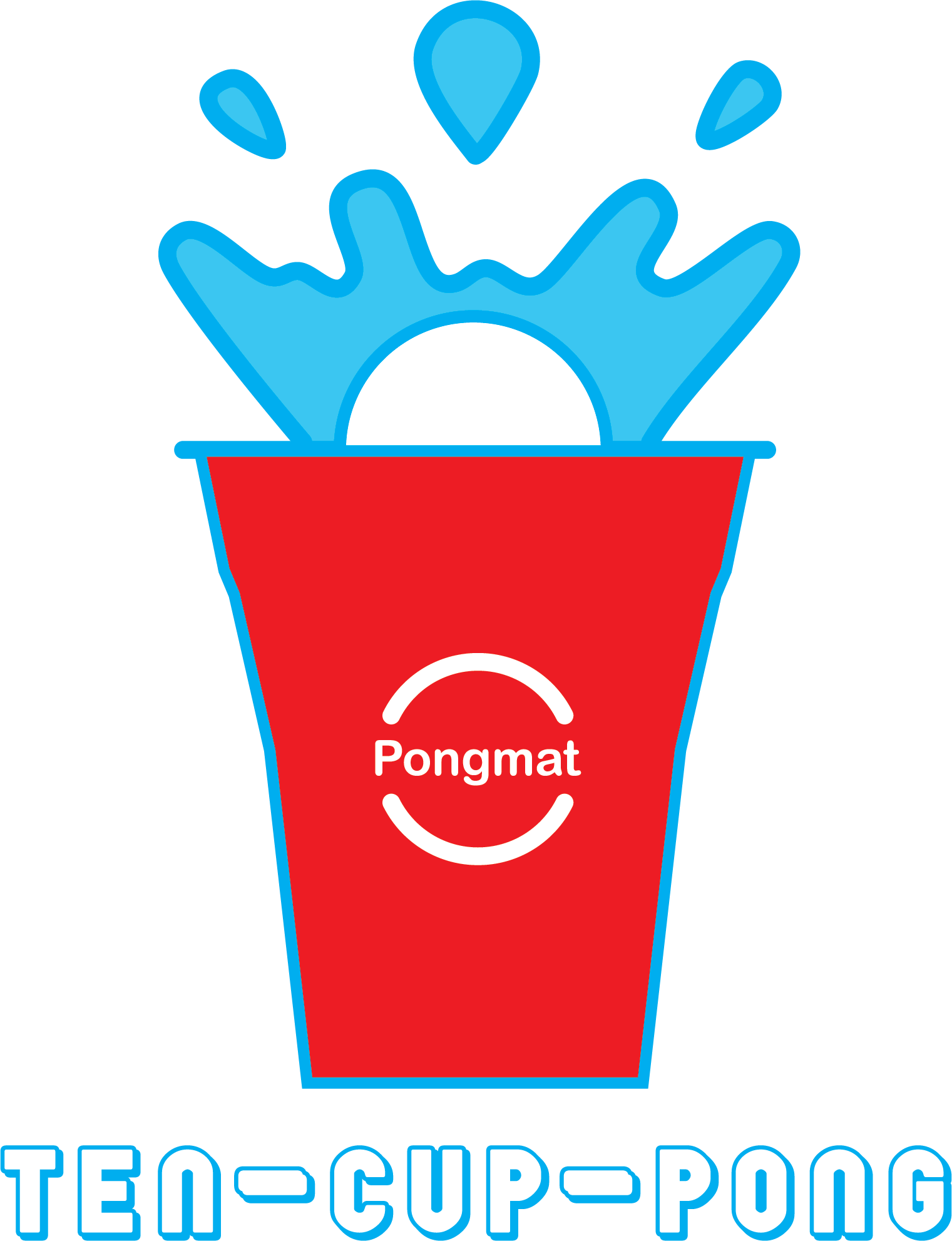 A stylized illustration of a red cup with a white circle and the word 'Pongmat' in the center. Blue water droplets are splashing above the cup. The text below the image reads 'Ten-Cup-Pong' in a blue outlined 3D font.