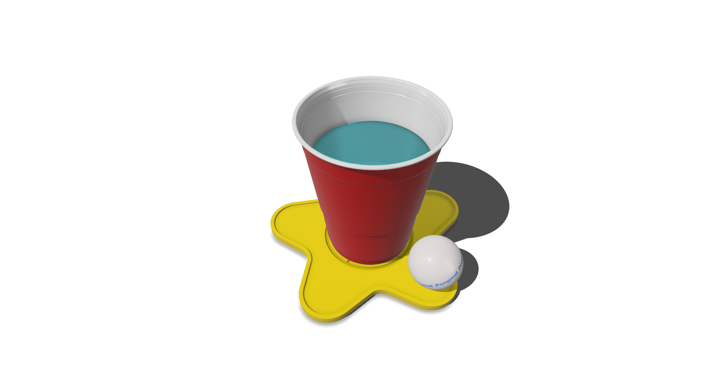 A yellow star shaped coaster with a red cup filled with blue liquid and ping pong balls on the surface of the silicone mat.